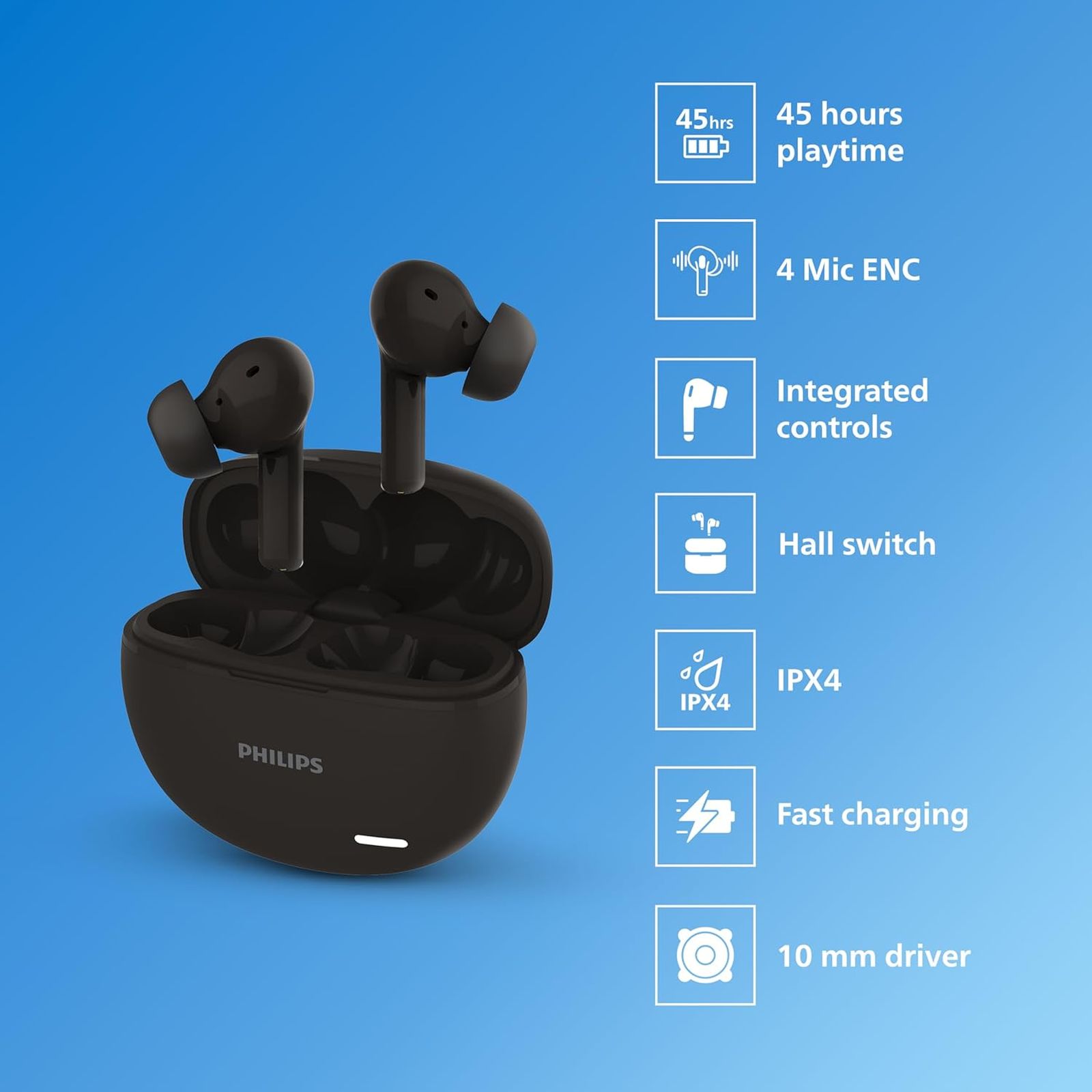 PHILIPS TAT1179BK/94 TWS Earbuds with Environmental Noise Cancellation (IPX4 Splash and Sweat Resistant, Dynamic Drivers, Black)_3