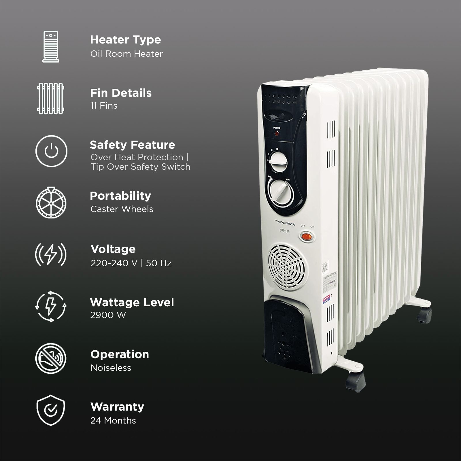morphy richards 2900W Oil Filled Radiator Room Heater with 11 Fins (Adjustable Thermostat_3