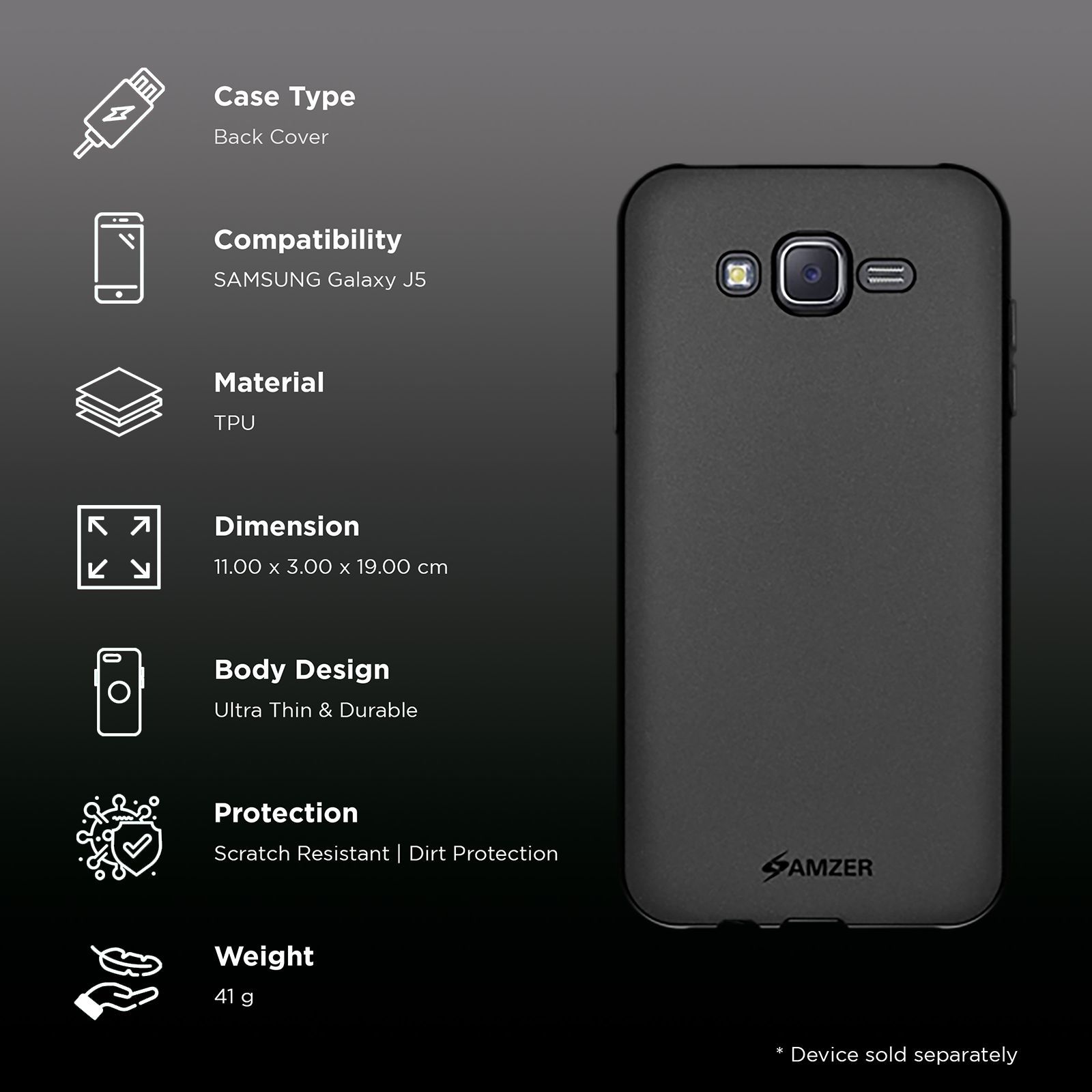 AMZER AMZ97870 Soft TPU Back Cover for Samsung Galaxy J5 (Wear And Tear Protection, Black)_2