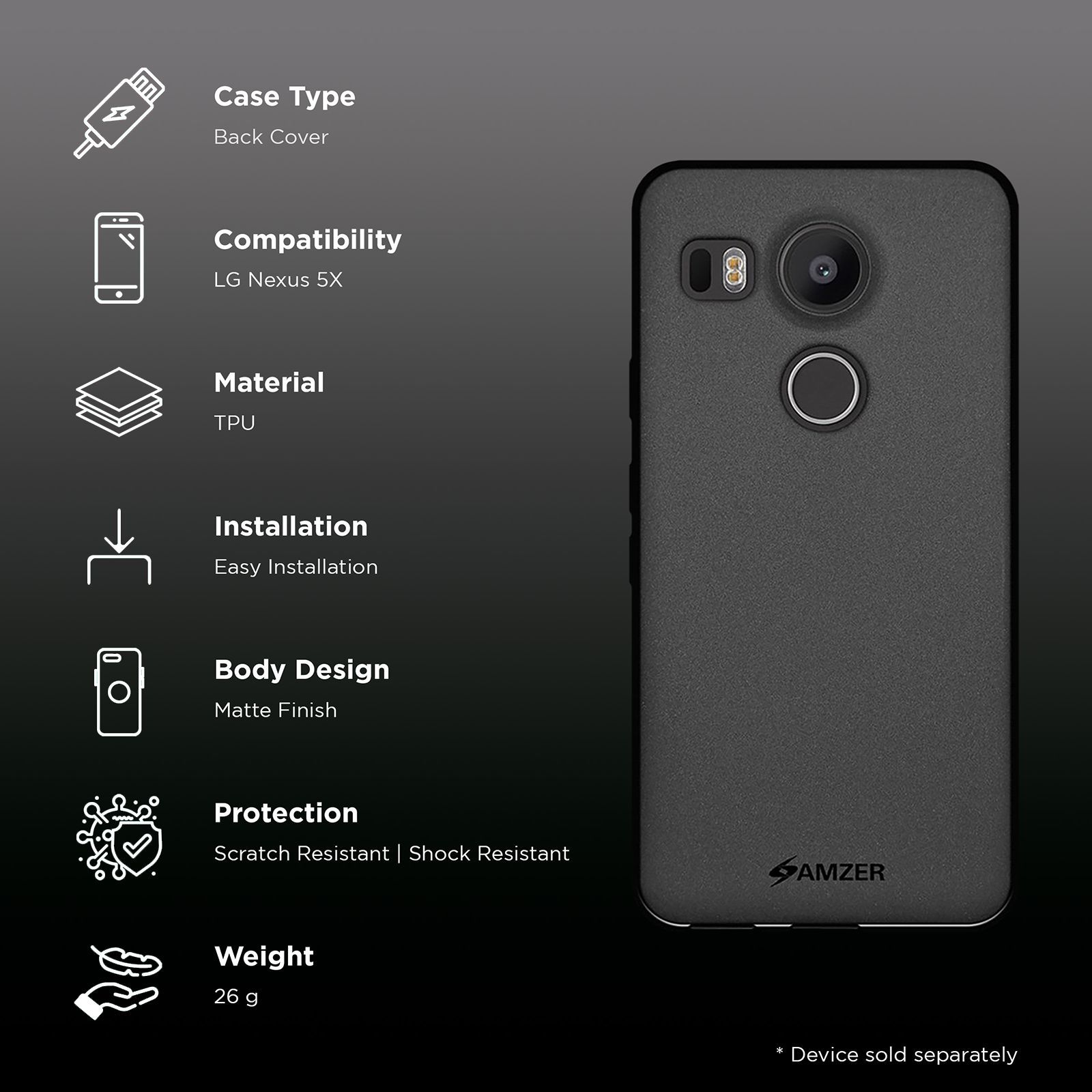 AMZER AMZ98037 Soft TPU Back Cover for LG Nexus 5X (Wear And Tear Protection, Black)_2