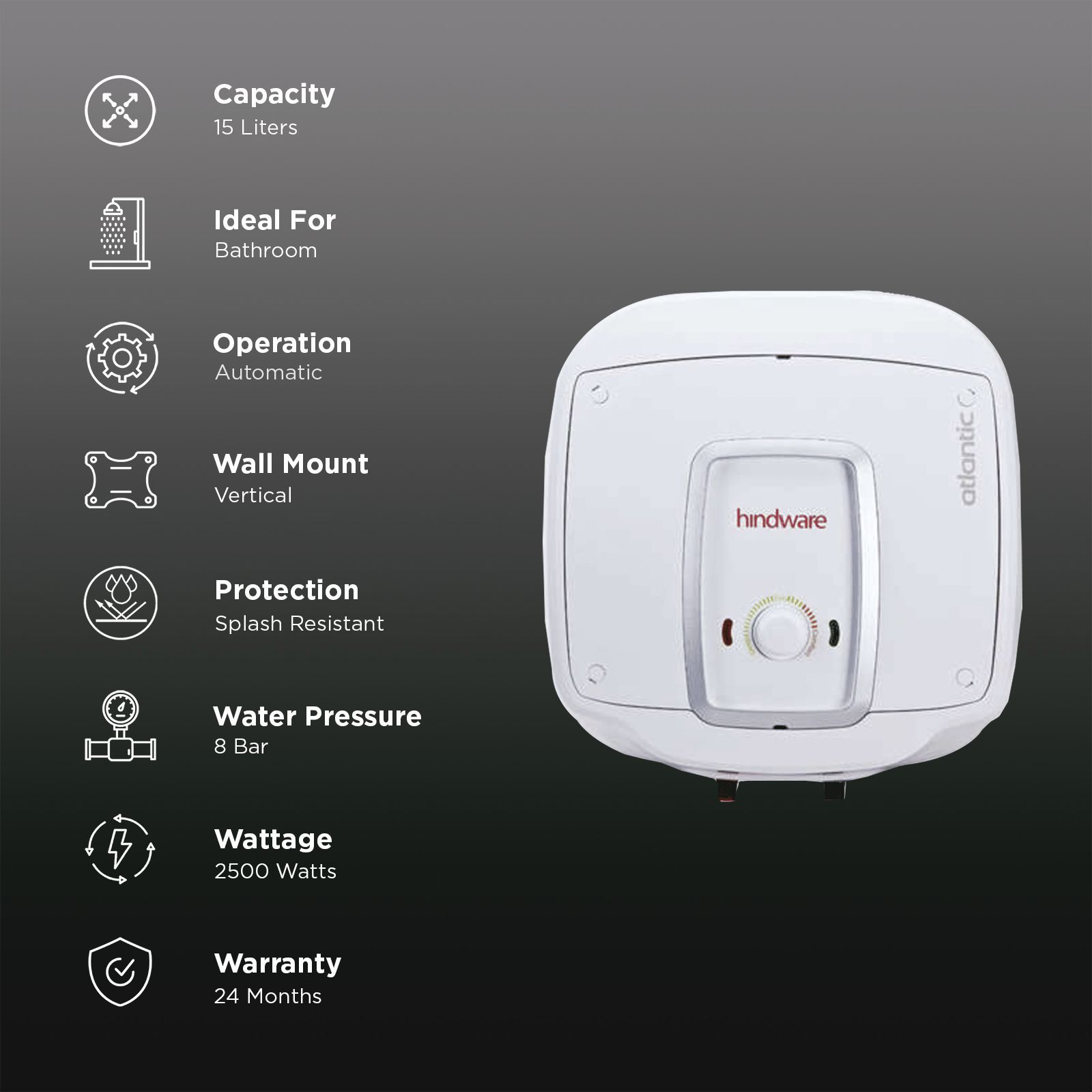 hindware Atlantic 15 Litre 5 Star Vertical Storage Geyser with Automatic Operation (White)_3