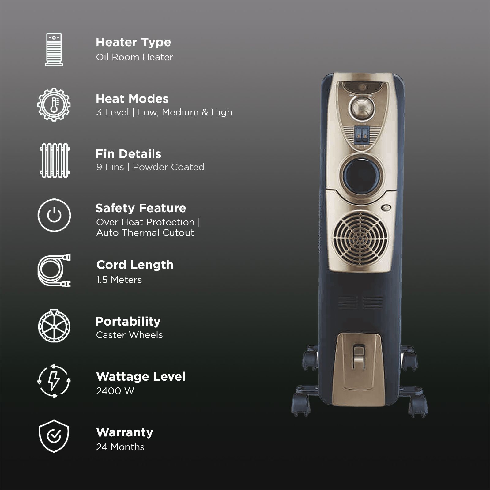 BAJAJ Majesty RH 9F Plus 2400W Oil Filled Radiator Room Heater with Quadra Safety Assurance (Noiseless Operation_3