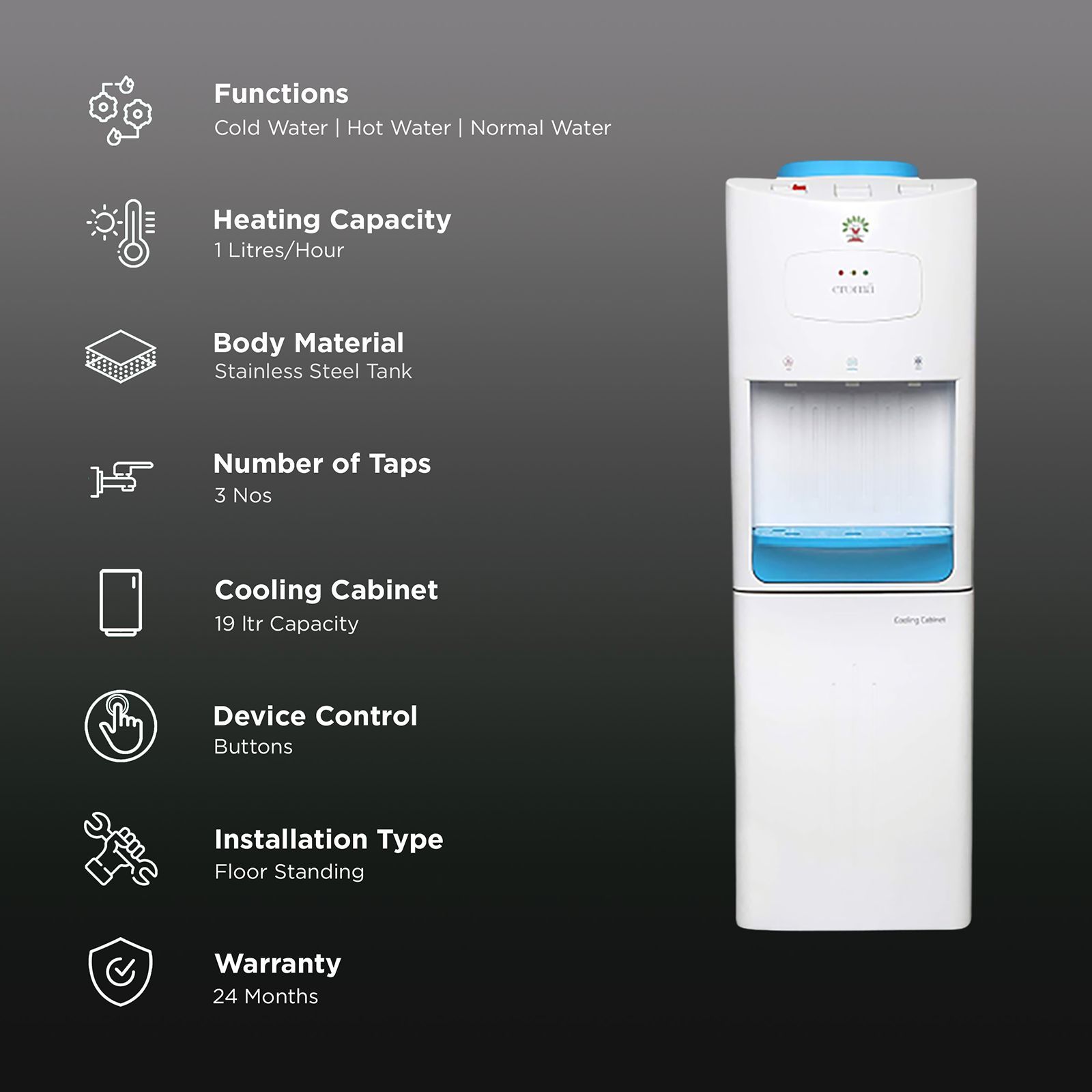 Croma Hot, Cold & Normal Top Load Water Dispenser with Cooling Cabinet (White)_3