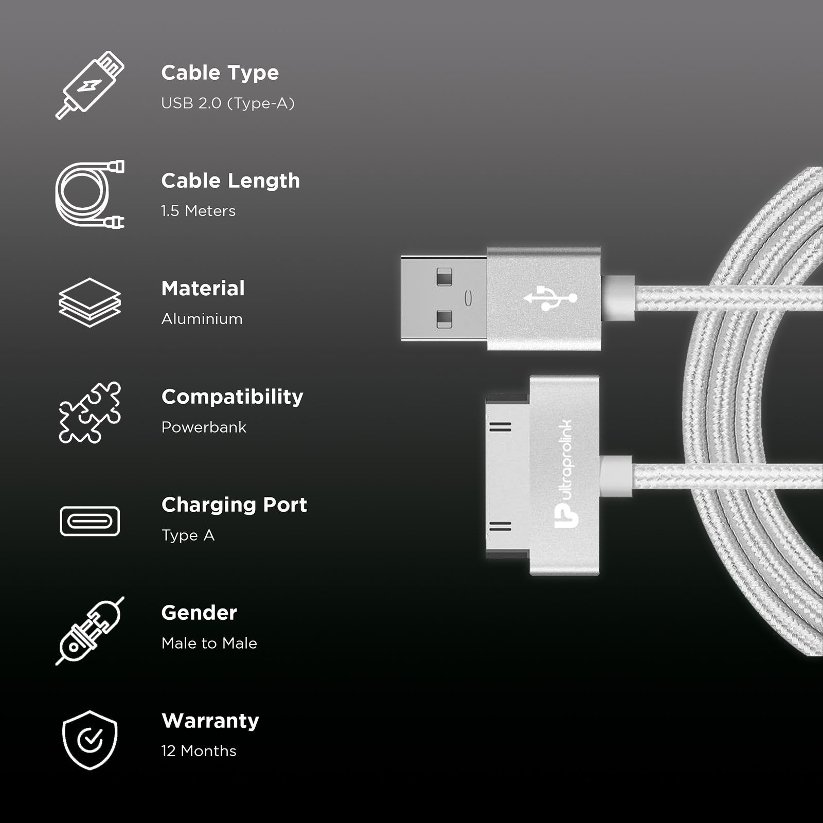 ultraprolink iDock Type A to 30 pin 4.95 Feet (1.5 M) Cable (Tangle-free Design, Silver)_2