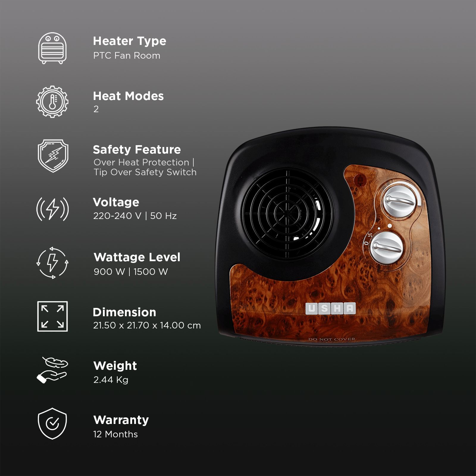 USHA FH 1212 1500W PTC Fan Room Heater with IP23 Protection (Silent Motor Operation_3