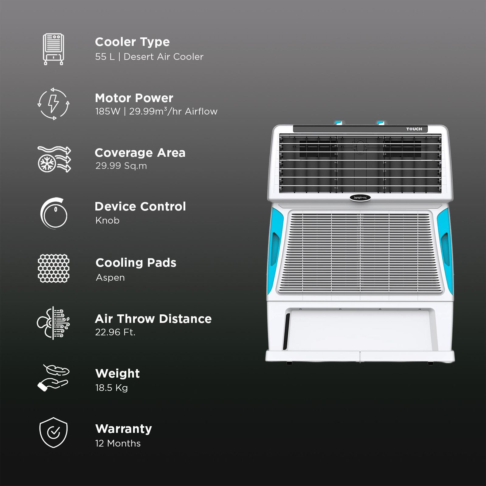 Symphony Touch 55 Litres Desert Air Cooler with i-Pure Technology (Inverter Compatible, White) Symphony Touch 55 Litres Desert Air Cooler with i-Pure Technology (Inverter Compatible, White)_3