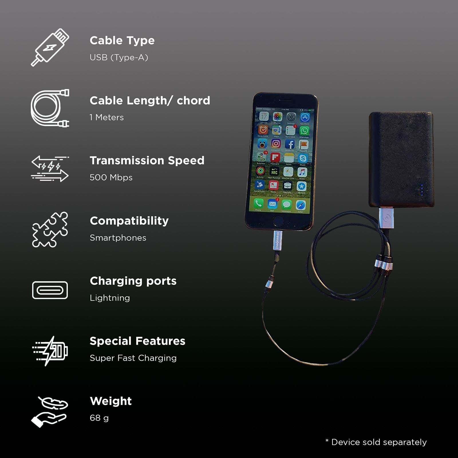 FUSE chicken Rivet Type A to Lightning 3.2 Feet (1M) Cable (Fast Charging Supported, Black)_2