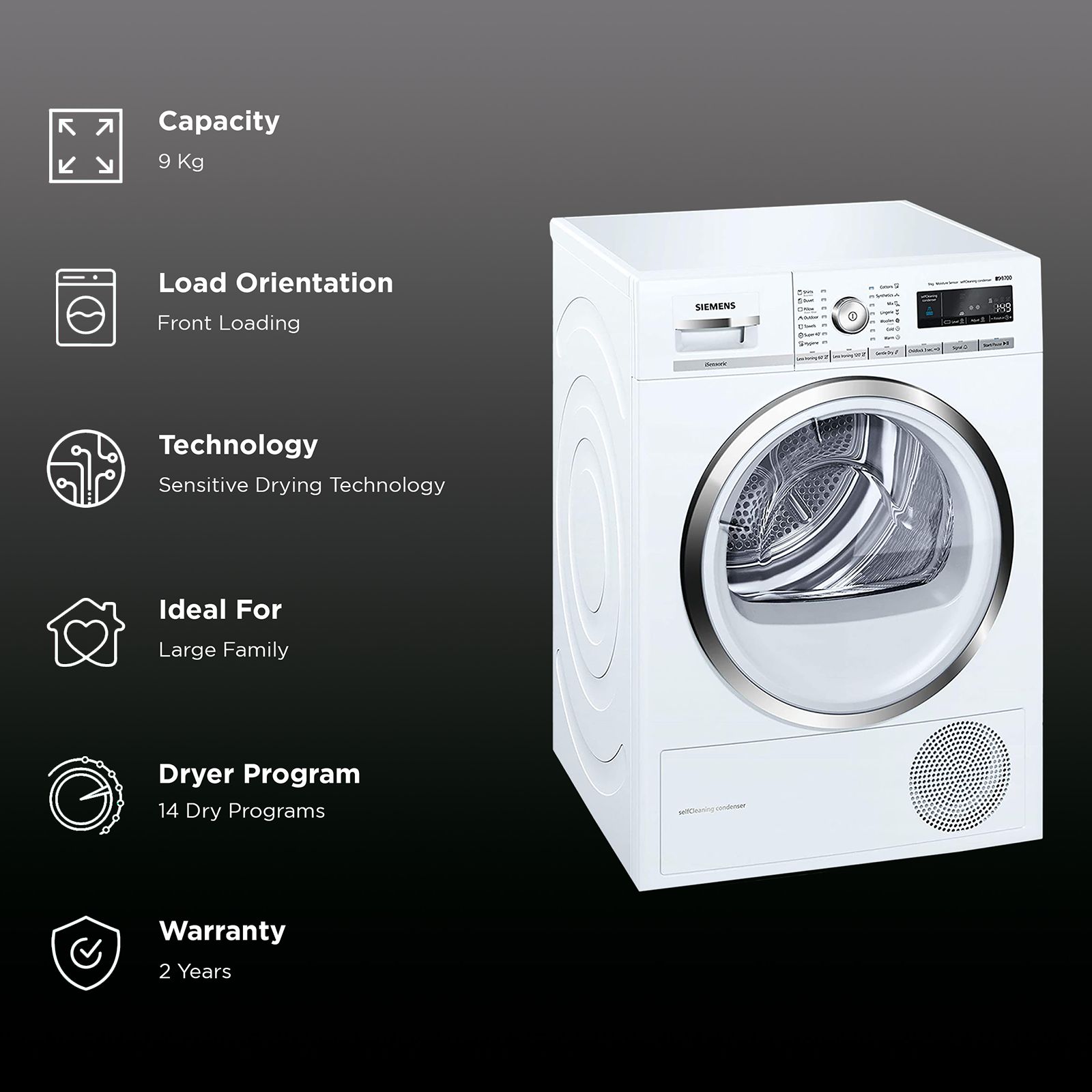 SIEMENS 9 kg Fully Automatic Front Load Dryer (iQ700, WT45W460IN, Sensitive Drying System, White)_2