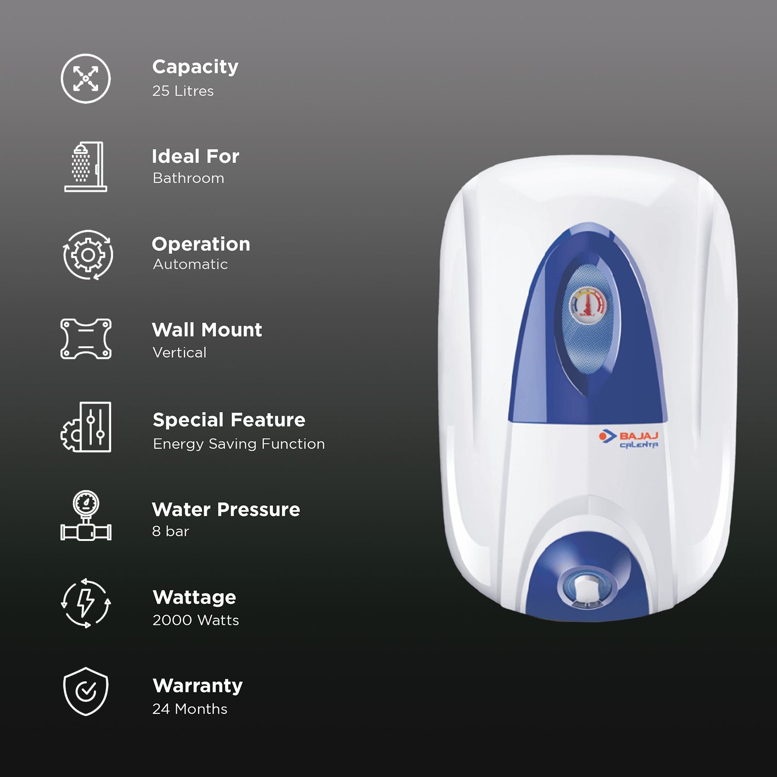 BAJAJ Calenta 25 Litre 5 Star Vertical Storage Geyser with Titanium Armour Technology (White)_3