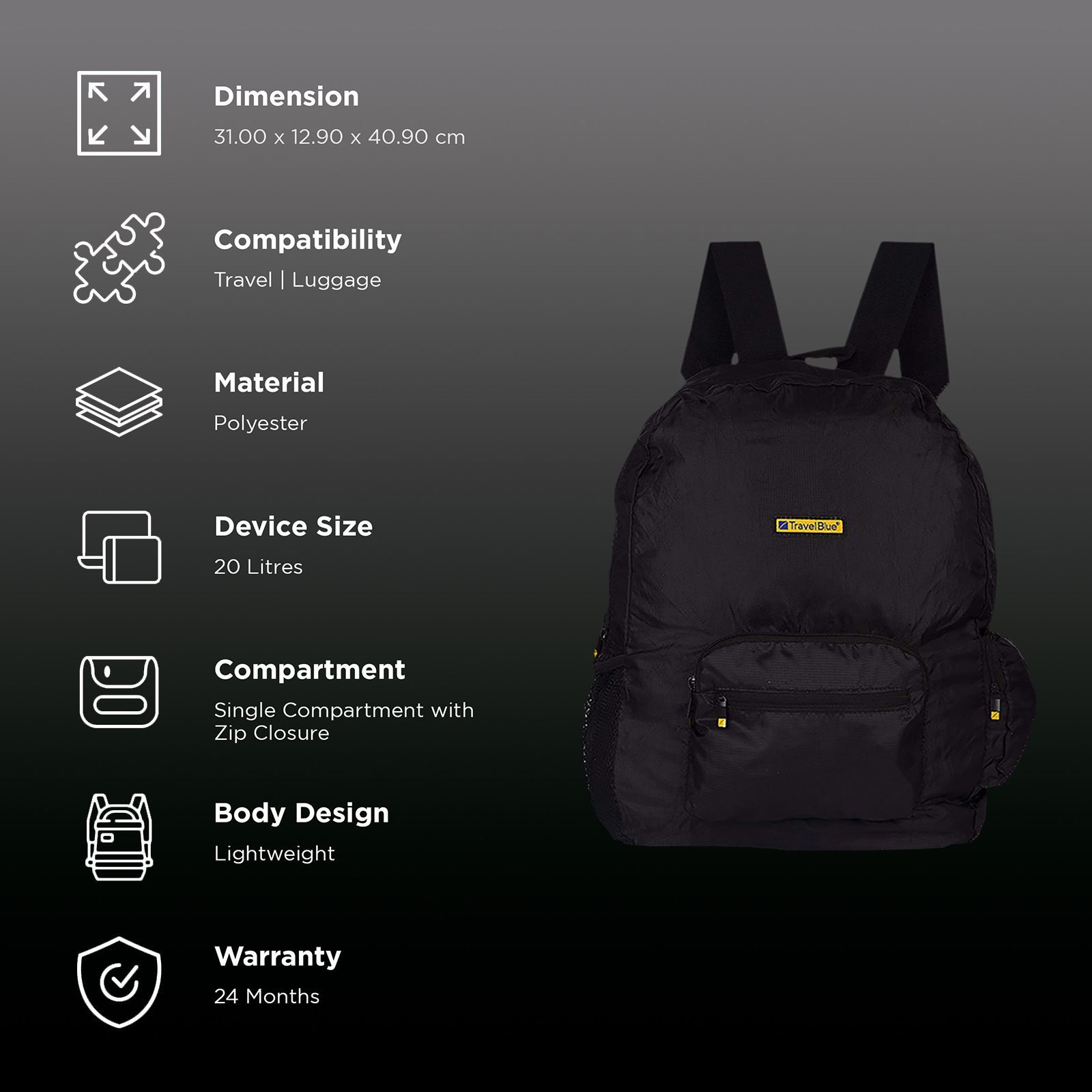 TRAVEL BLUE 20 Litres Polyester Backpack ( Water Resistant, TB-65, Black)_3