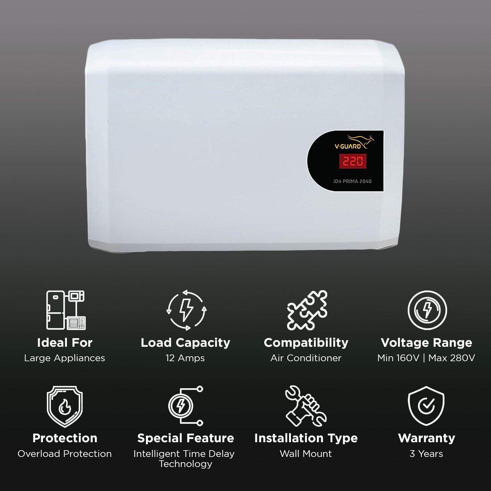 V-Guard iD4 Prima 2040 12 Amps Voltage Stabilizer For 1.5T Air Conditioner (160 - 280 V, Digital Display, White) V-Guard iD4 Prima 2040 12 Amps Voltage Stabilizer For 1.5T Air Conditioner (160 - 280 V, Digital Display, White)_3