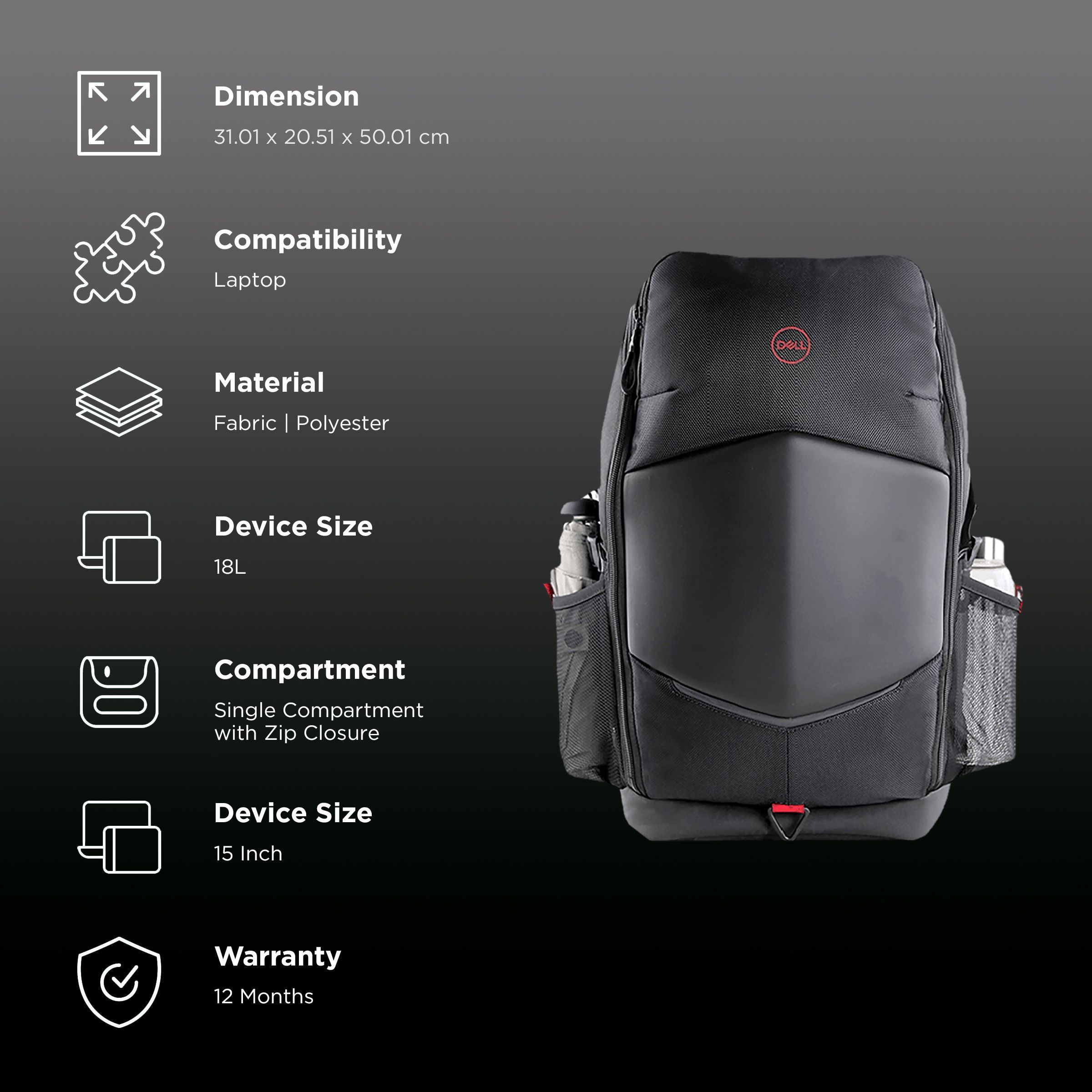 DELL Fabric, Polyester Laptop Backpack for 15 Inch Laptop (18 L, With Rain Cover, Black)_2