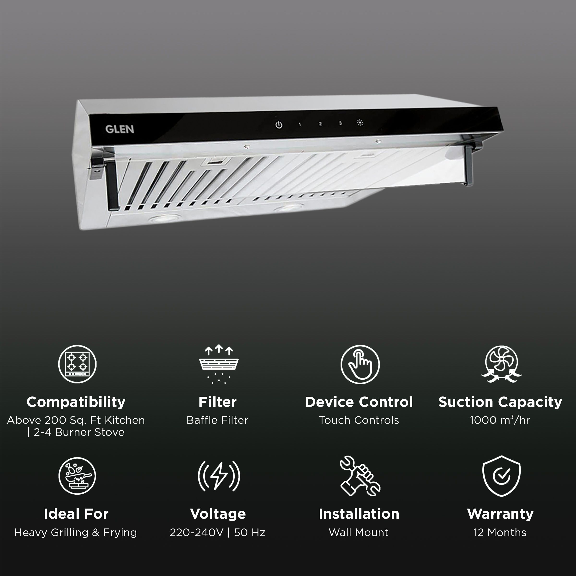 GLEN 6001 SS TS 60cm 1000m3/hr Ducted Wall Mounted Chimney with Touch Sensor Control (Silver)_3