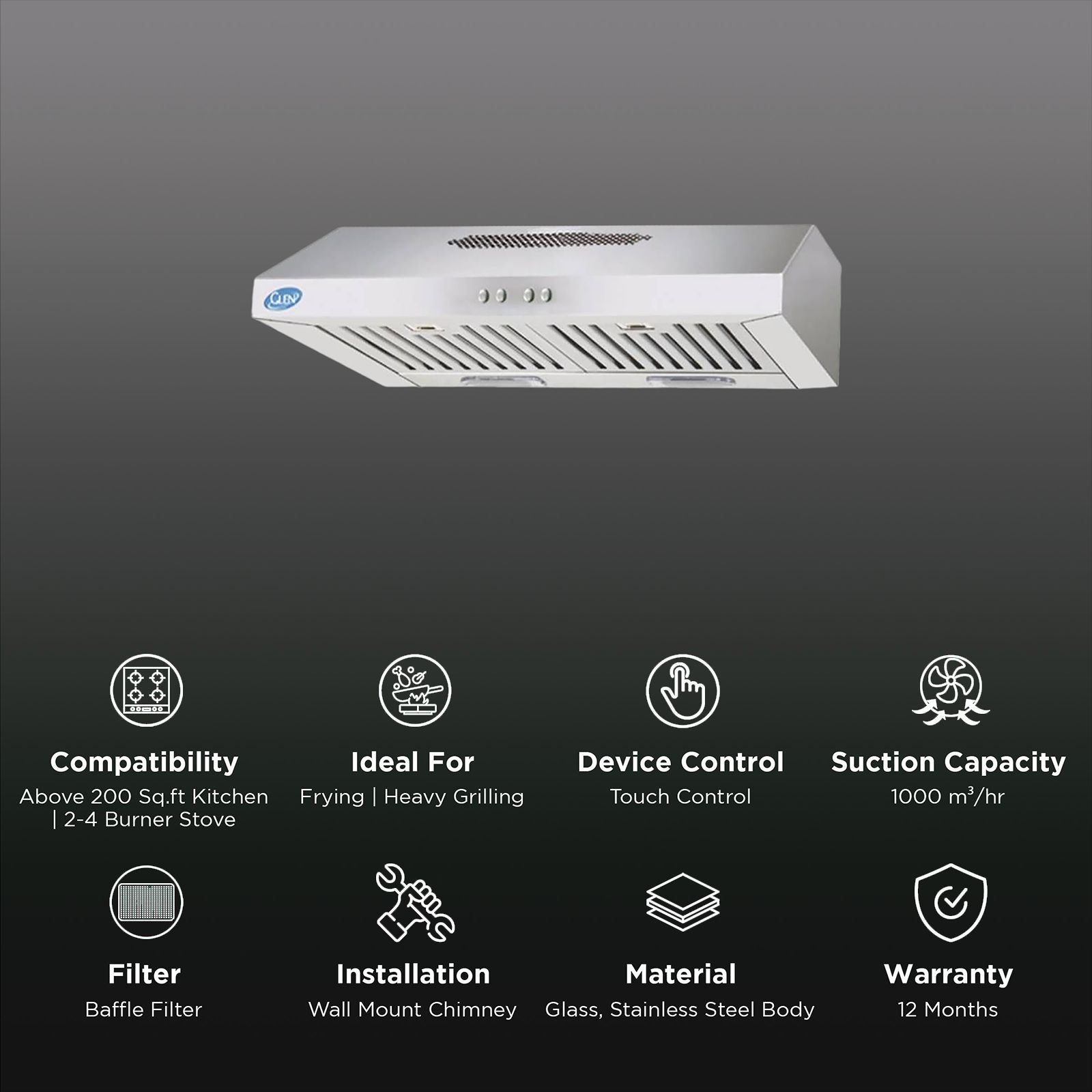 Glen 6003 SS 60cm 1000m3/hr Ductless Wall Mounted Chimney with Touch Sensor Control (Silver)_3