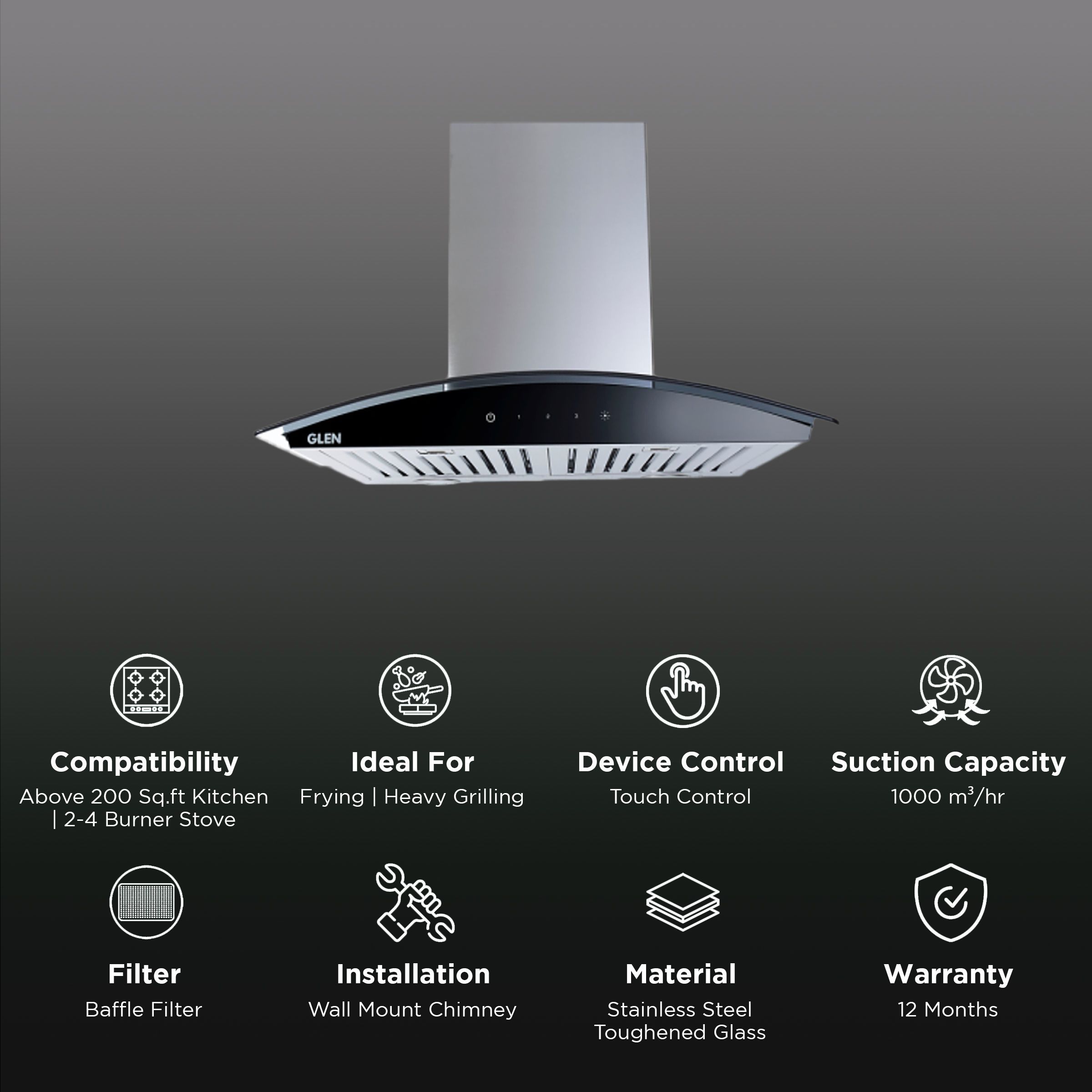 GLEN 6071 SXTS 60cm 1000m3/hr Ducted Wall Mounted Chimney with Touch Sensor Control (Black)_3