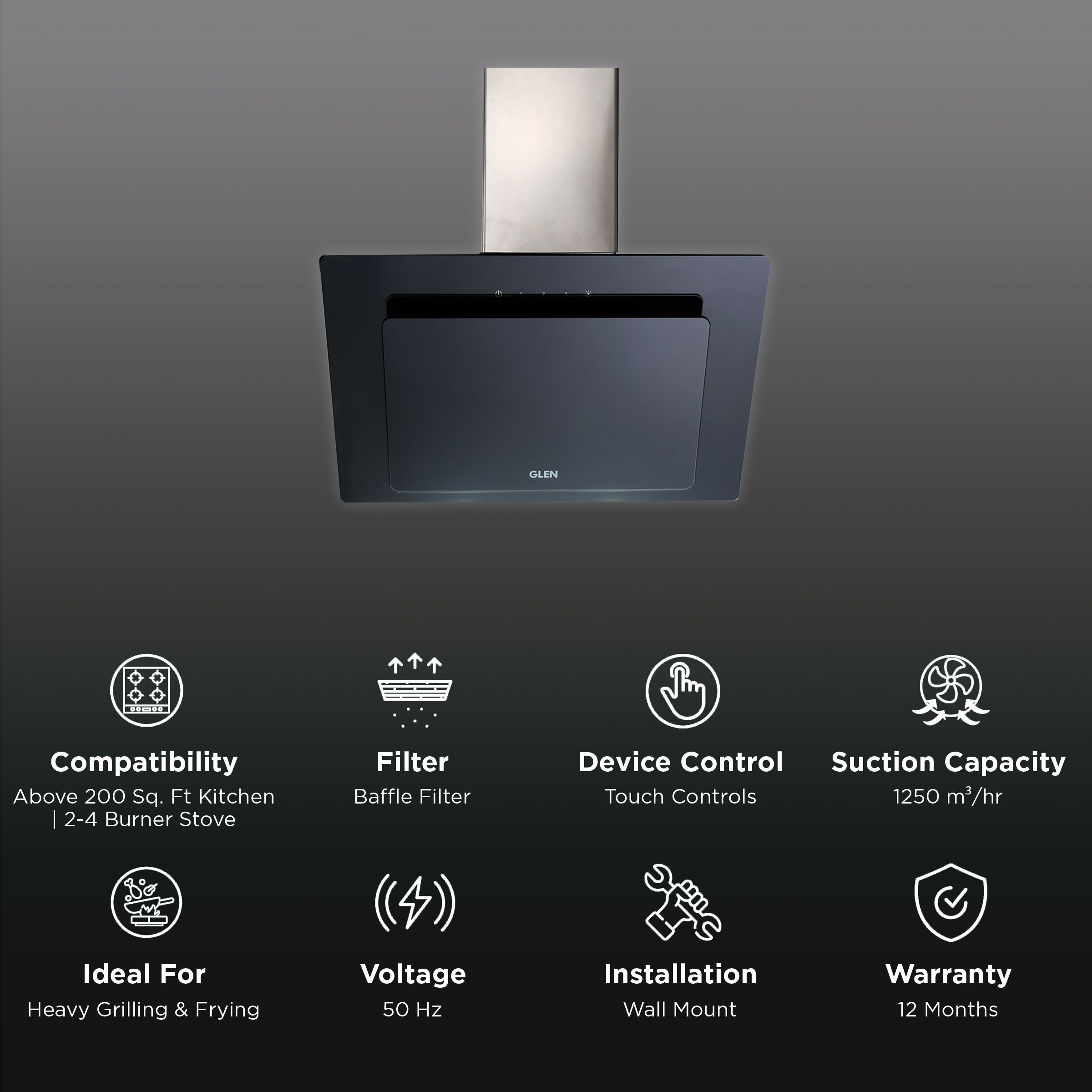 GLEN GL 6079 TS LTW 60cm 1250m3/hr Ductless Wall Mounted Chimney with Touch Control Sensor (Black)_3