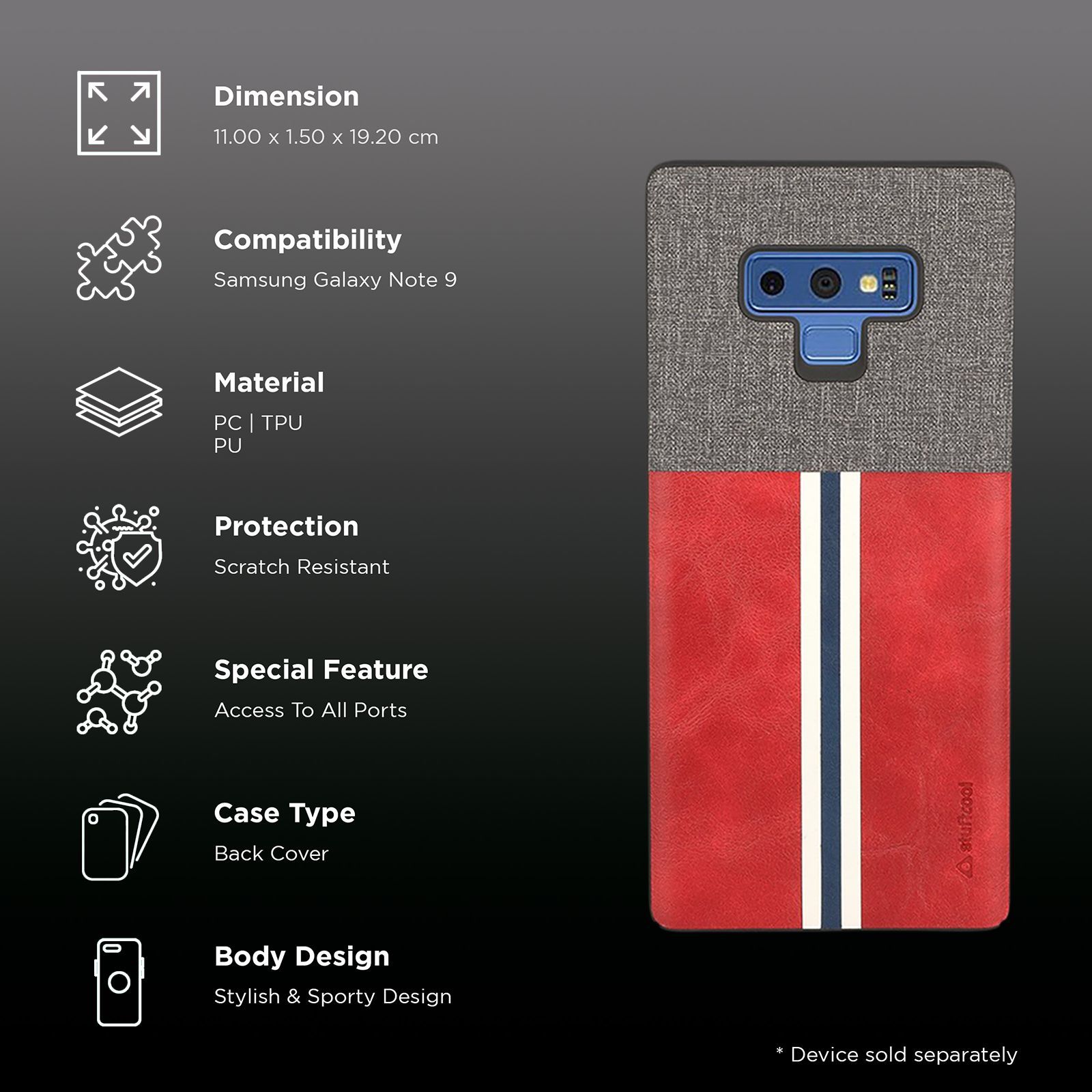 stuffcool Eto Sport PU Leather Back Cover for Samsung Galaxy Note 9 (Camera Protection, Red and Grey)_2