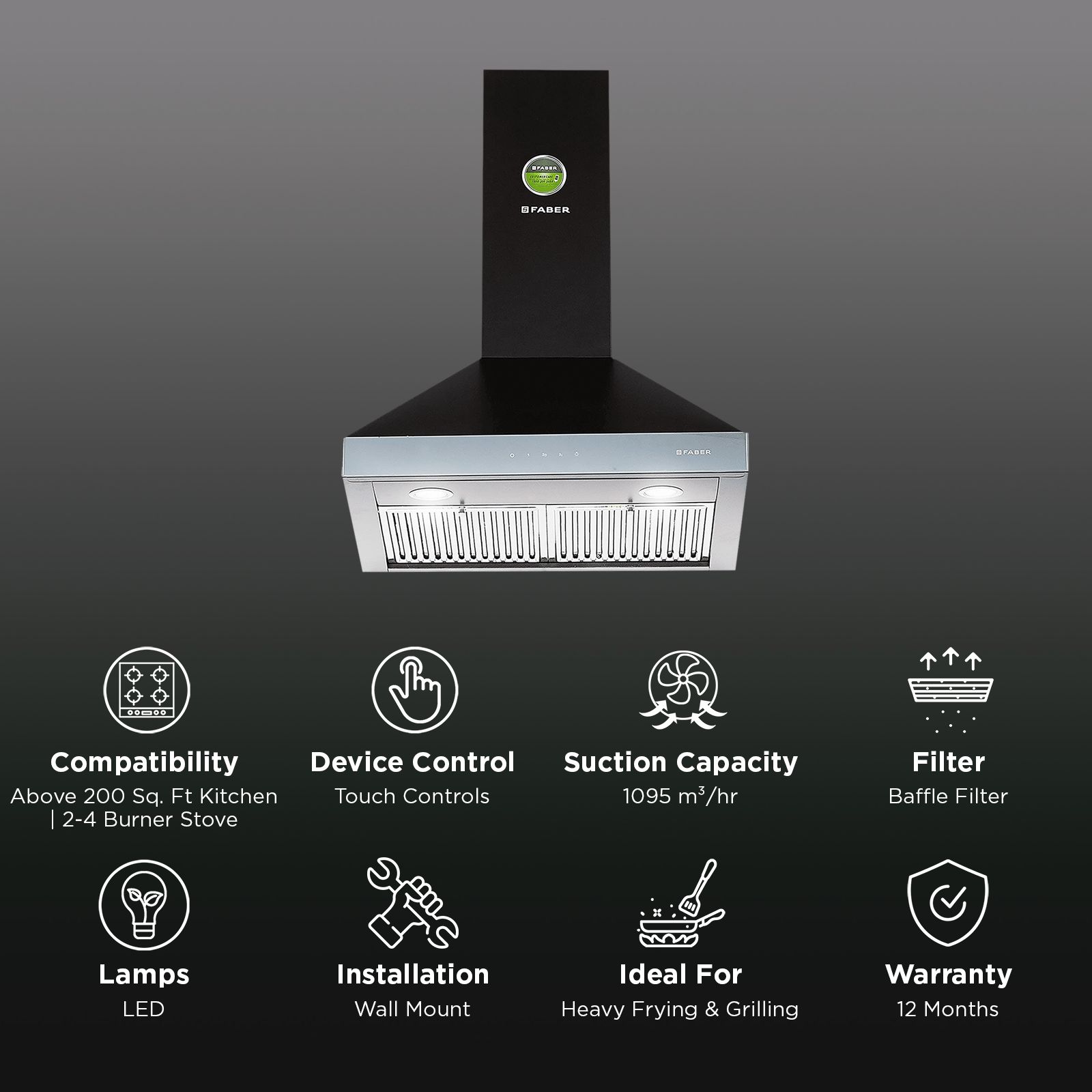 FABER Topaz Smart 3D 60cm 1095m3/hr Ducted Wall Mounted Chimney with Baffle Filter (Black)_3