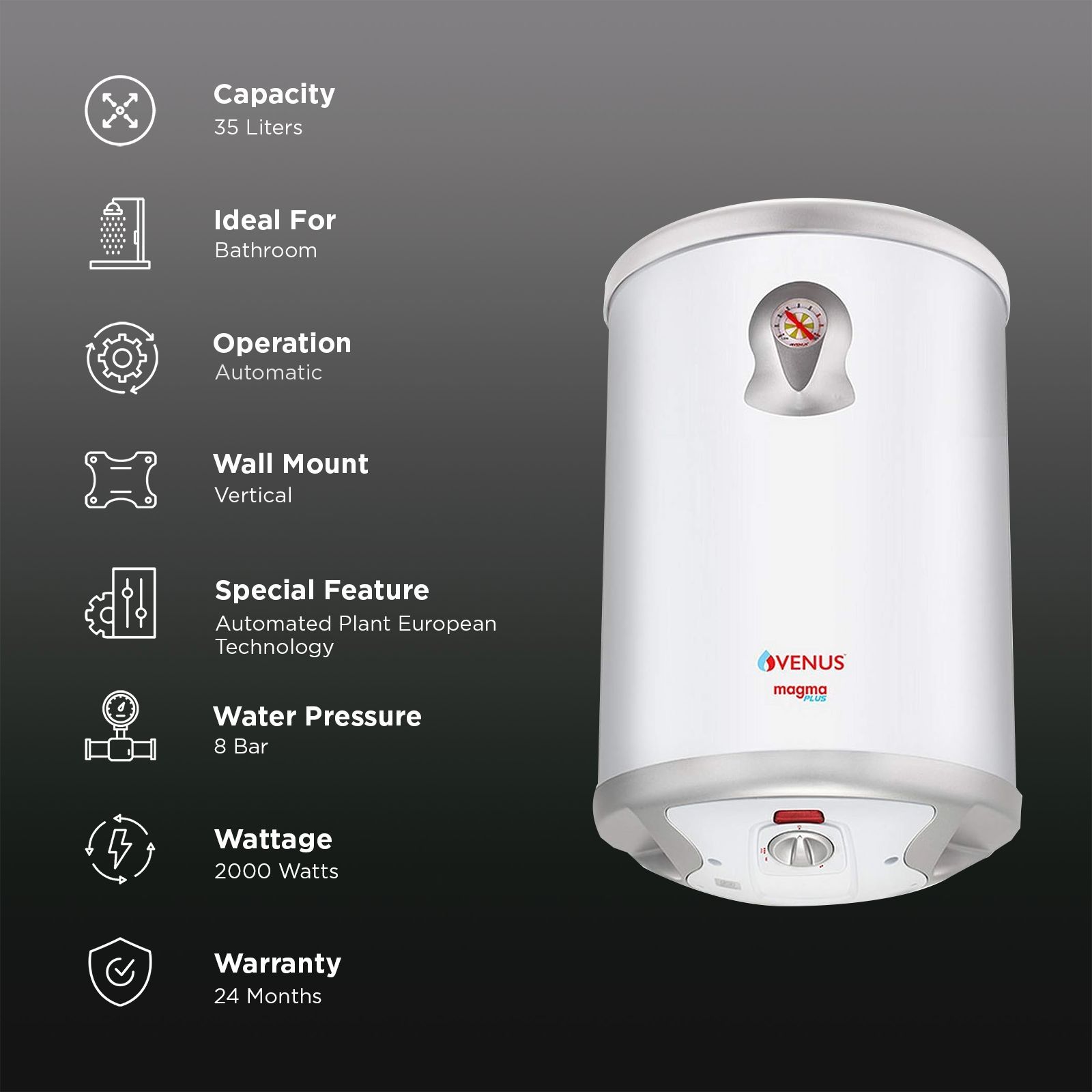 VENUS Magma 35 Litre 5 Star Vertical Storage Geyser with Automated Plant European Technology (White)_3