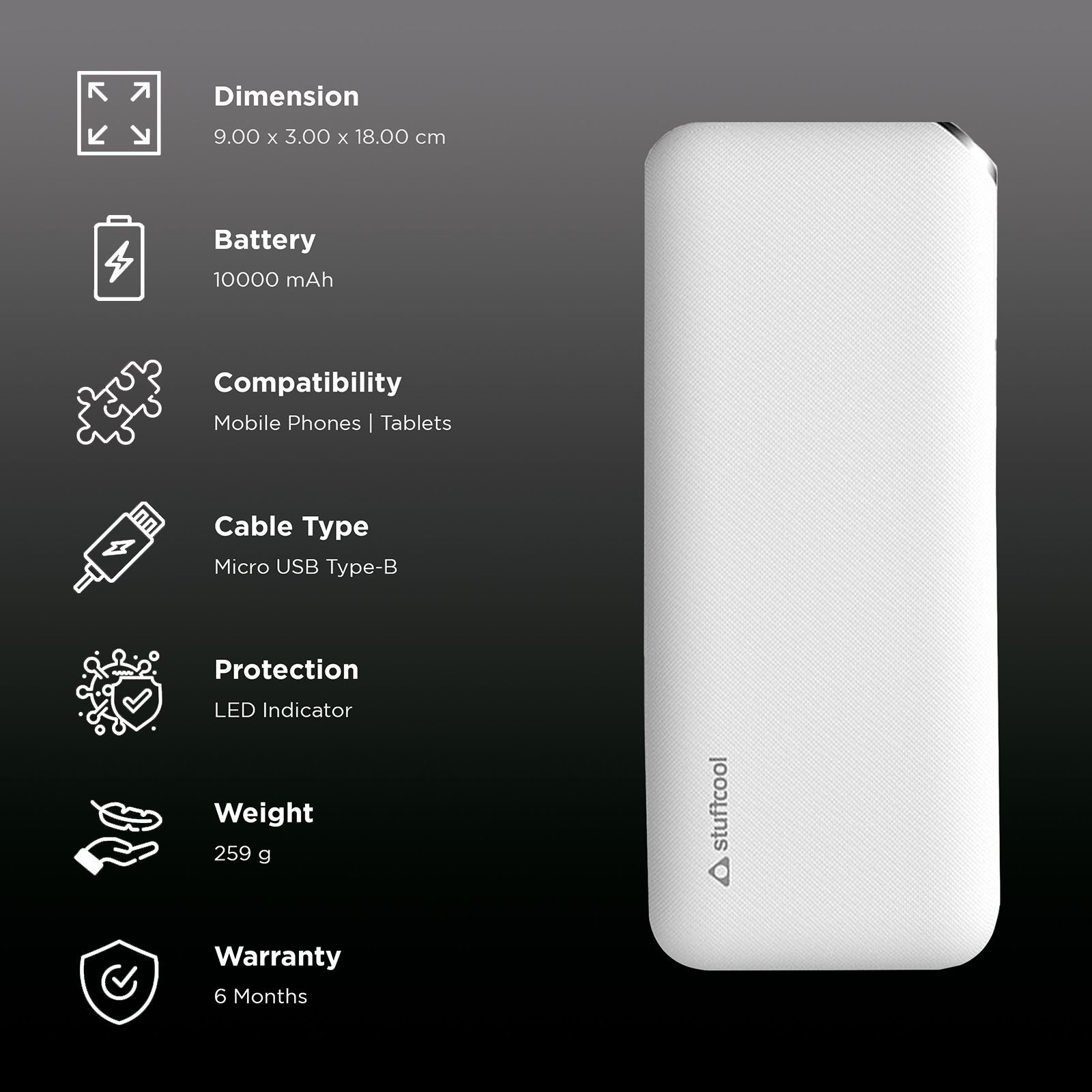 stuffcool PB-999 10000 mAh Power Bank (2 USB 2.0 Ports, Maximum Conversion Rate, White)_3