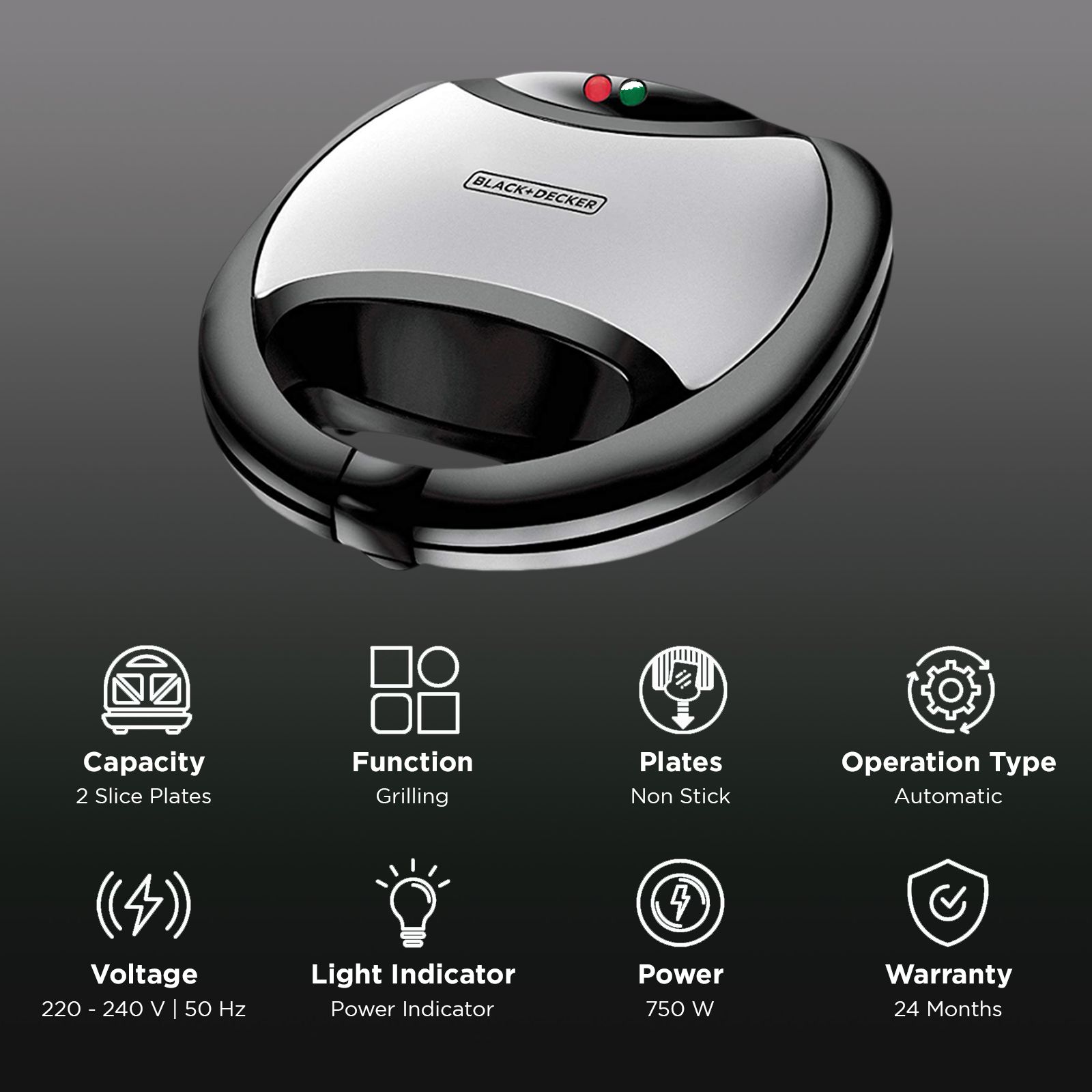 BLACK & DECKER 750W 2 Slice 2-in-1 Sandwich Maker with Thermostat Control (Black)_3