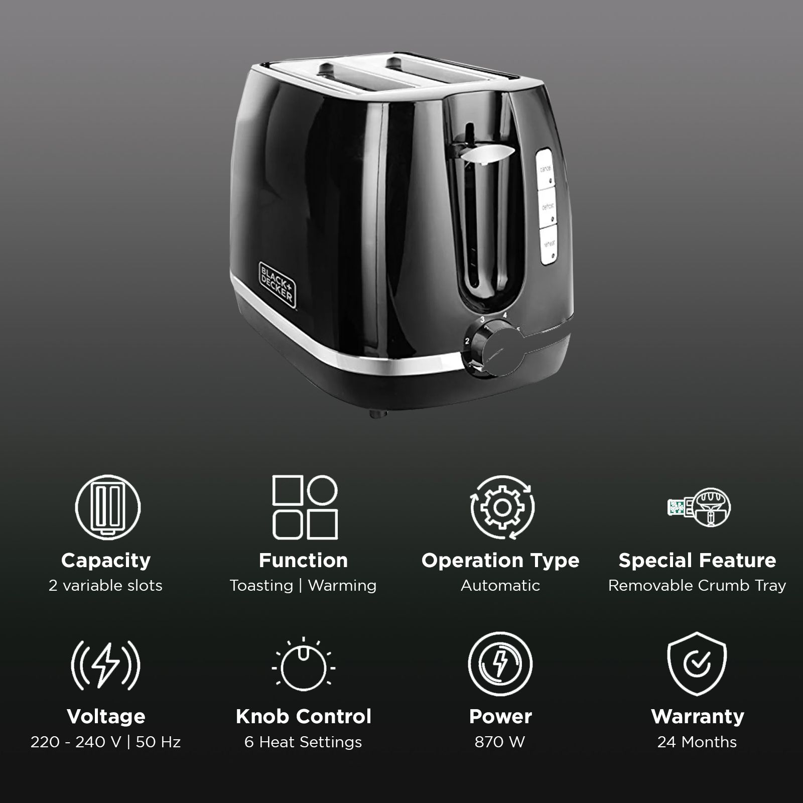BLACK & DECKER 870W 2 Slice Pop-Up Toaster with Bun Warmer Function (Black)_2
