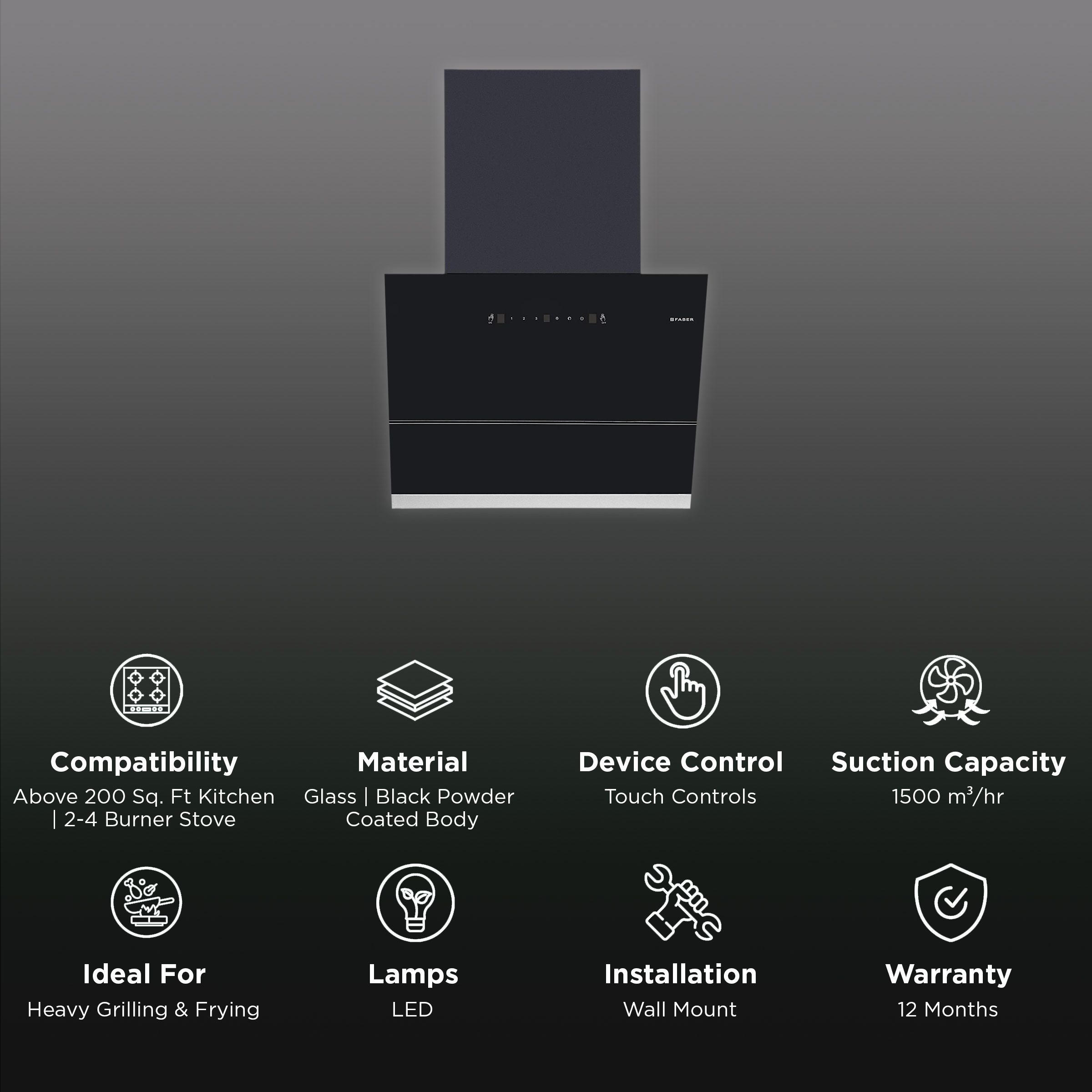 FABER APEX FLHC SC BK 60cm 1500m3/hr Ducted Auto Clean Wall Mounted Chimney with Touch Control Panel (Black)_3