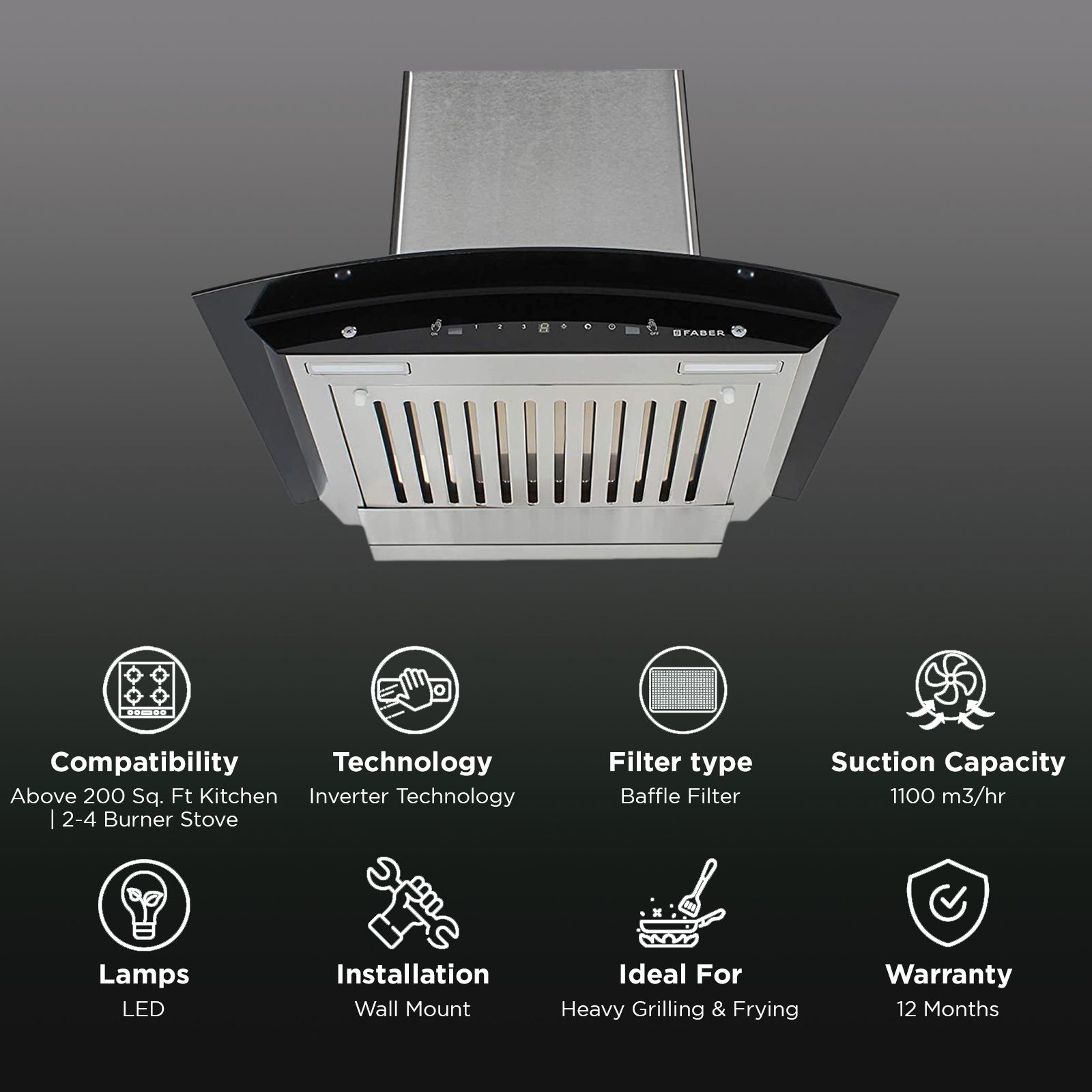 FABER Zest 60cm 1100m3/hr Ducted Auto Clean Wall Mounted Chimney with Baffle Filter (Silver)_3