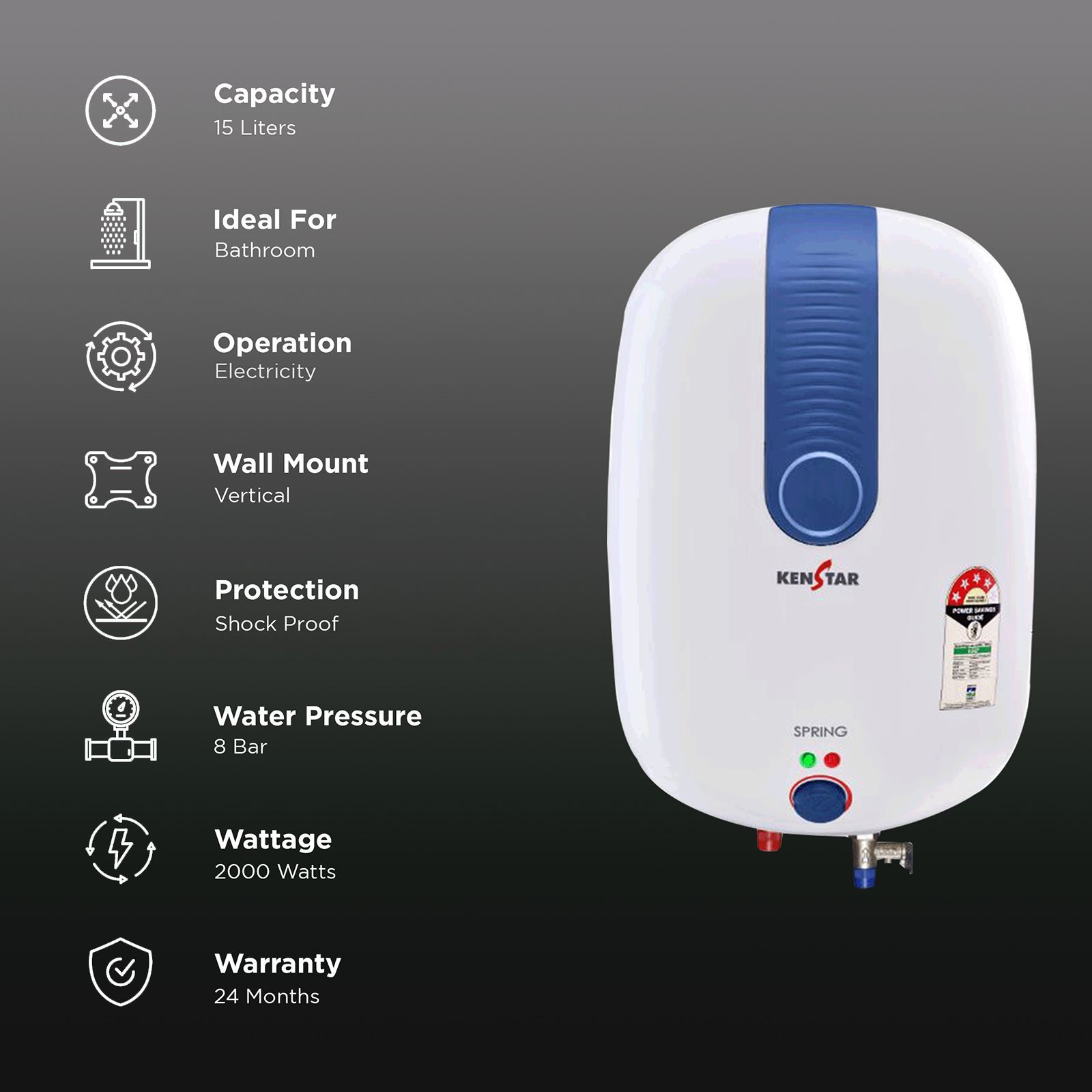 KENSTAR Spring 15 Litres 4 Star Vertical Storage Water Geyser with Built-in Thermostat (White/Blue)_3