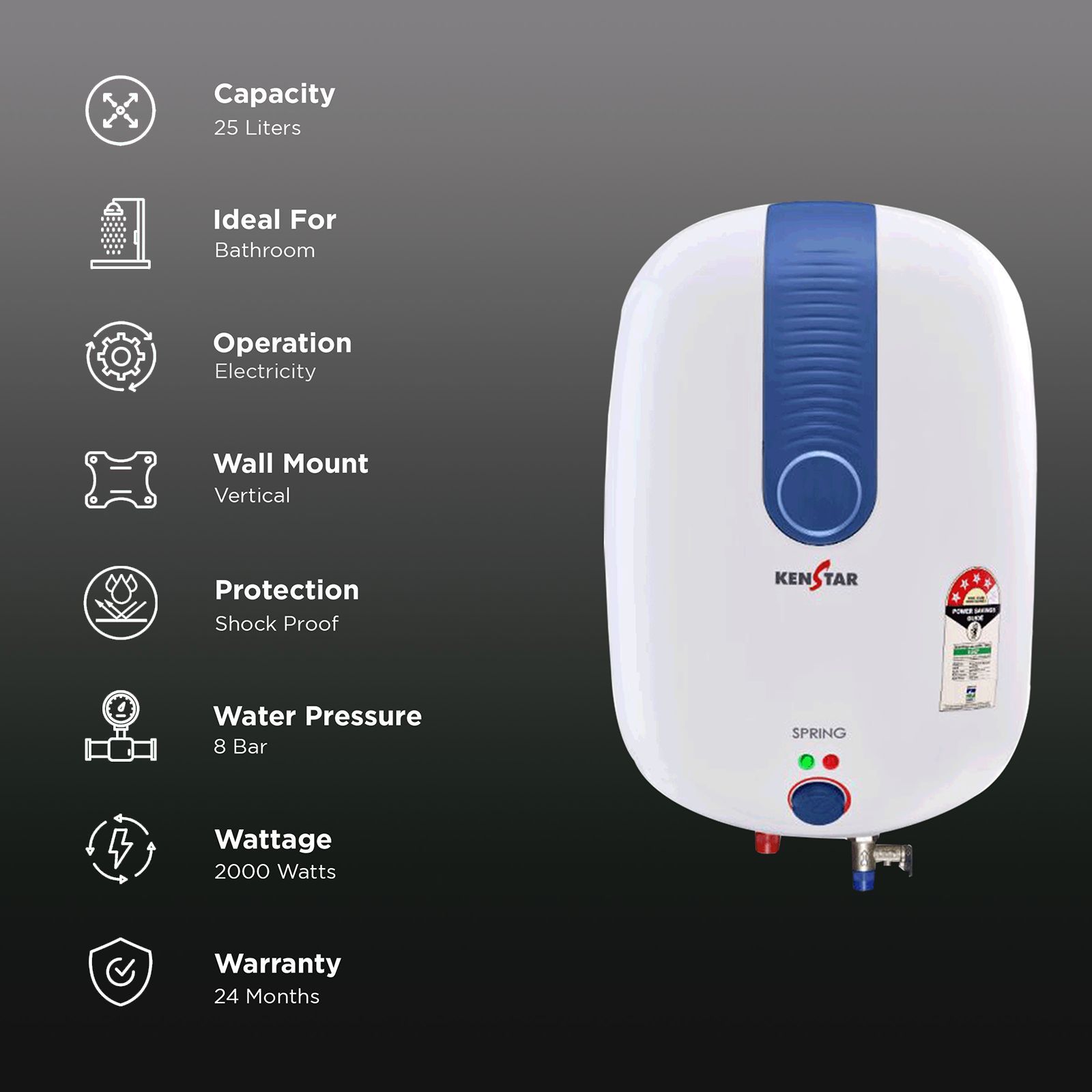 KENSTAR Spring 25 Litres 4 Star Vertical Storage Water Geyser with Glass Line Coated (White/Blue)_3