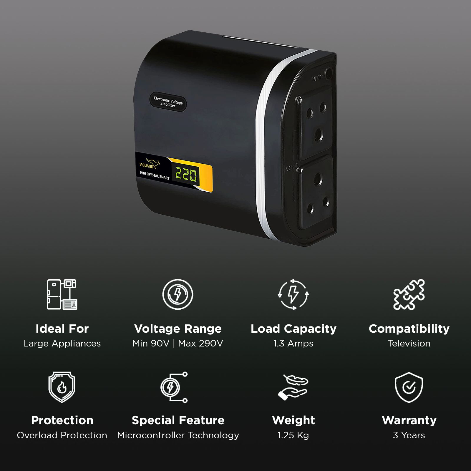 V-Guard Mini Crystal Smart TV 1.3 Amps Voltage Stabilizer 82cm (32 Inch) TV (90 - 290 V, Digital Display, Black) V-Guard Mini Crystal Smart TV 1.3 Amps Voltage Stabilizer 82cm (32 Inch) TV (90 - 290 V, Digital Display, Black)_3
