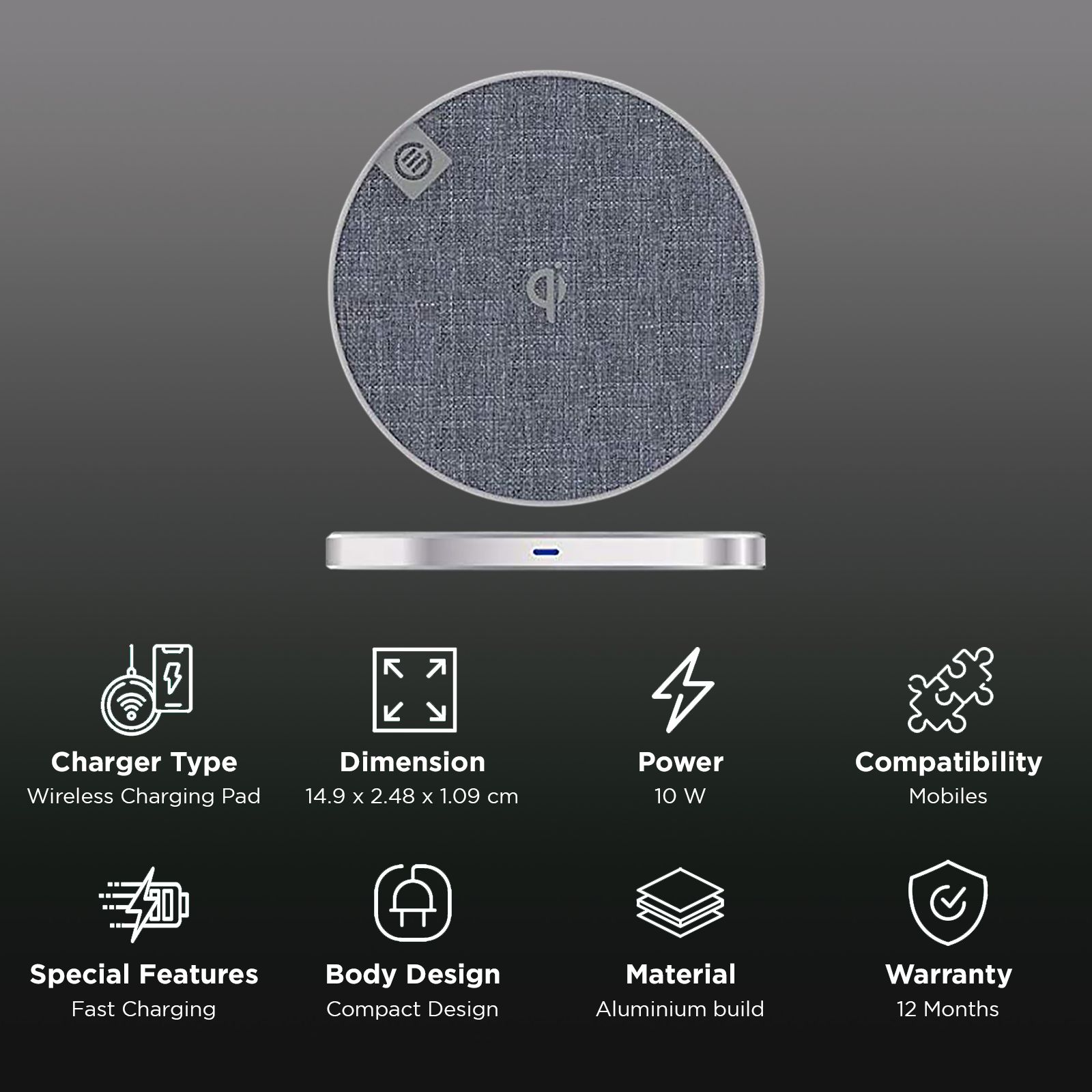 ALOGIC QC10MSLV 10 Watt Wireless Charging Pad (Aluminium Build, Silver)_2