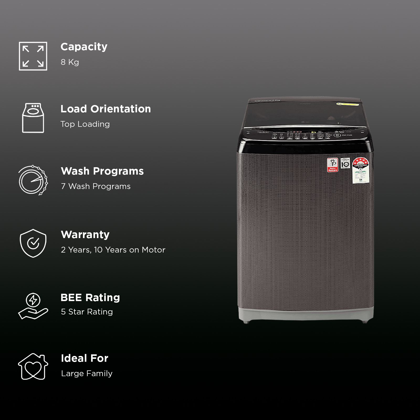 LG 8 kg 5 Star Fully Automatic Top Load Washing Machine (T80SJBK1Z, Smart Inverter Technology, Black Knight)_2