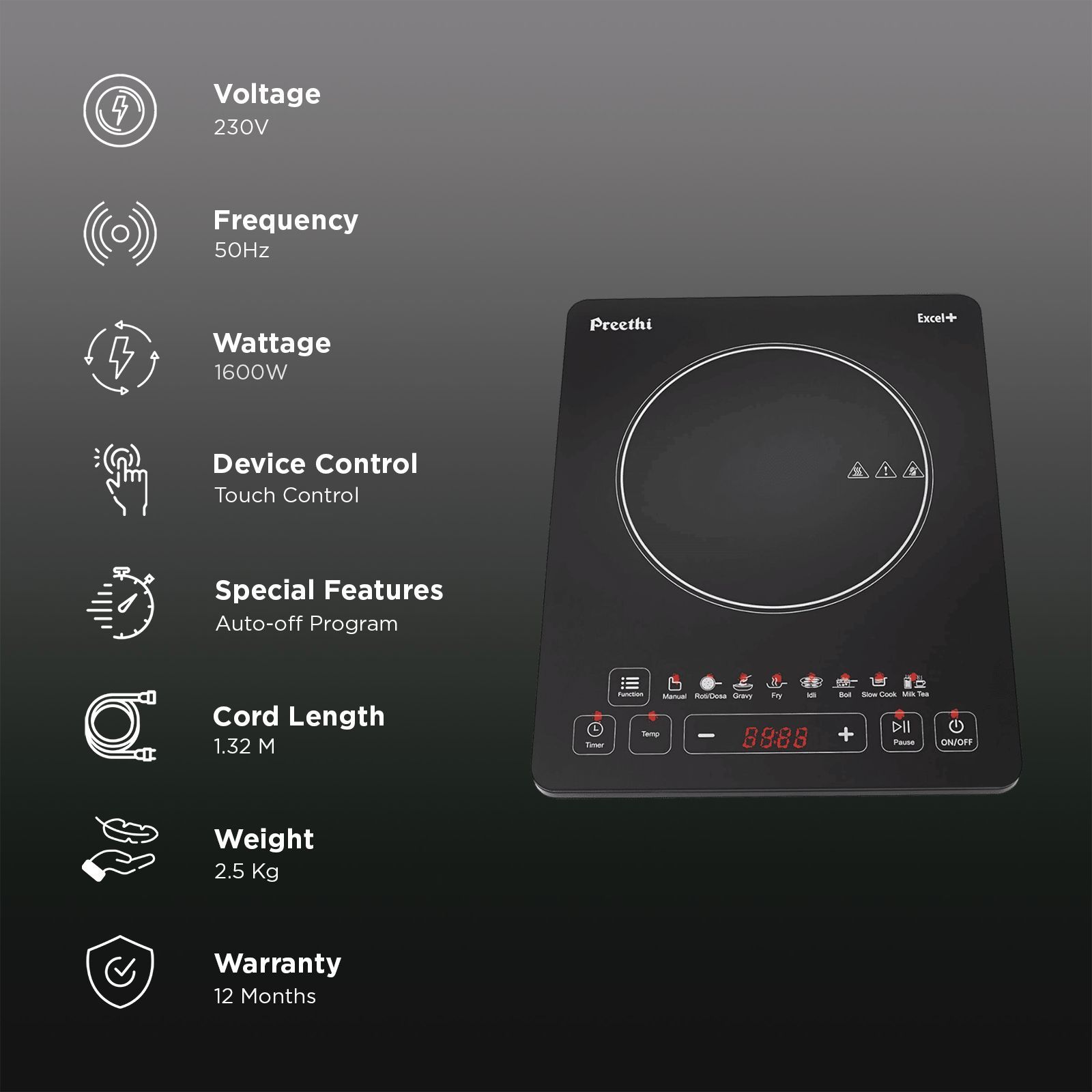 Preethi Excel Plus 117 1600W Induction Cooktop with 7 Preset Menus_3
