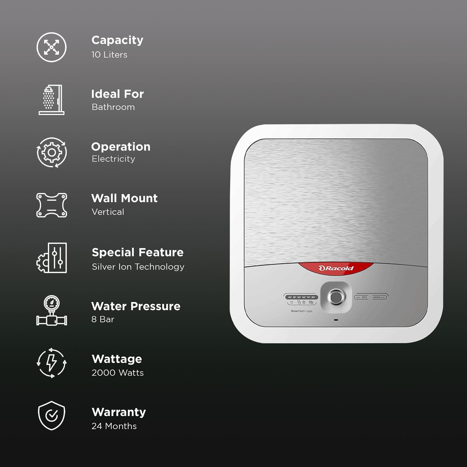 Racold Omnis Lux Plus 10 Litres 5 Star Vertical Storage Water Geyser with Silver Ion Technology (White/Silver)_3