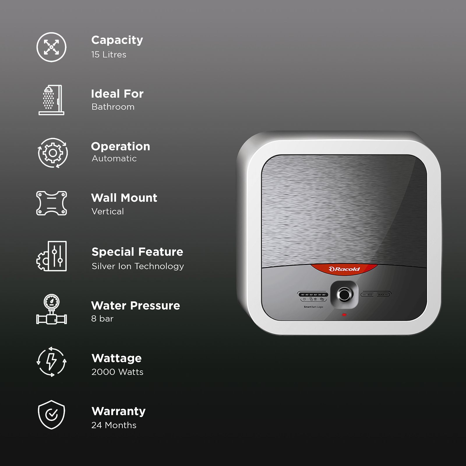 Racold Omnis Lux Plus 15 Litre 4 Star Vertical Storage Geyser with Titanium Plus Technology (White & Silver)_3