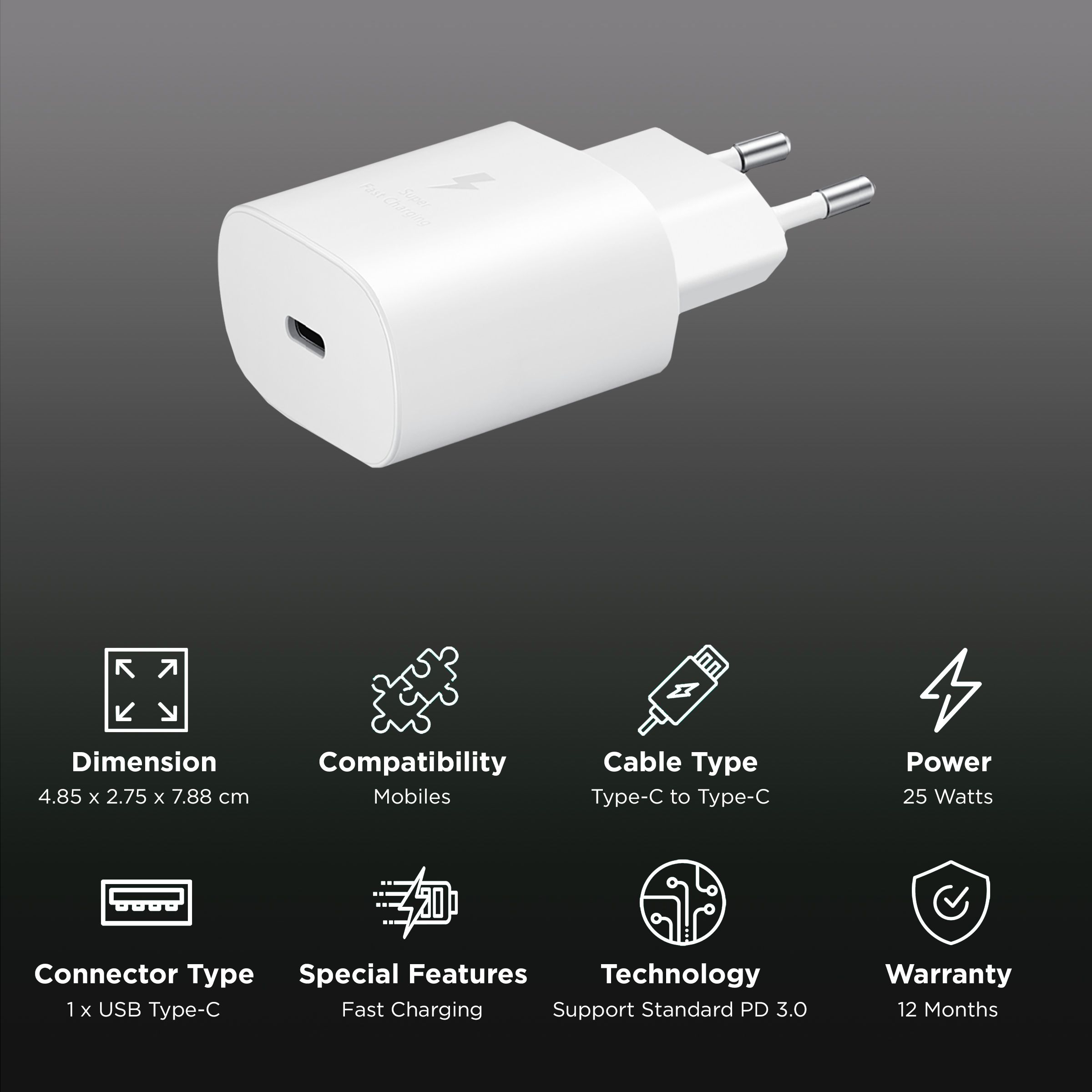 SAMSUNG 25W Type C Fast Charger (Type C to Type C Cable, Support Standard PD 3.0, White)_2