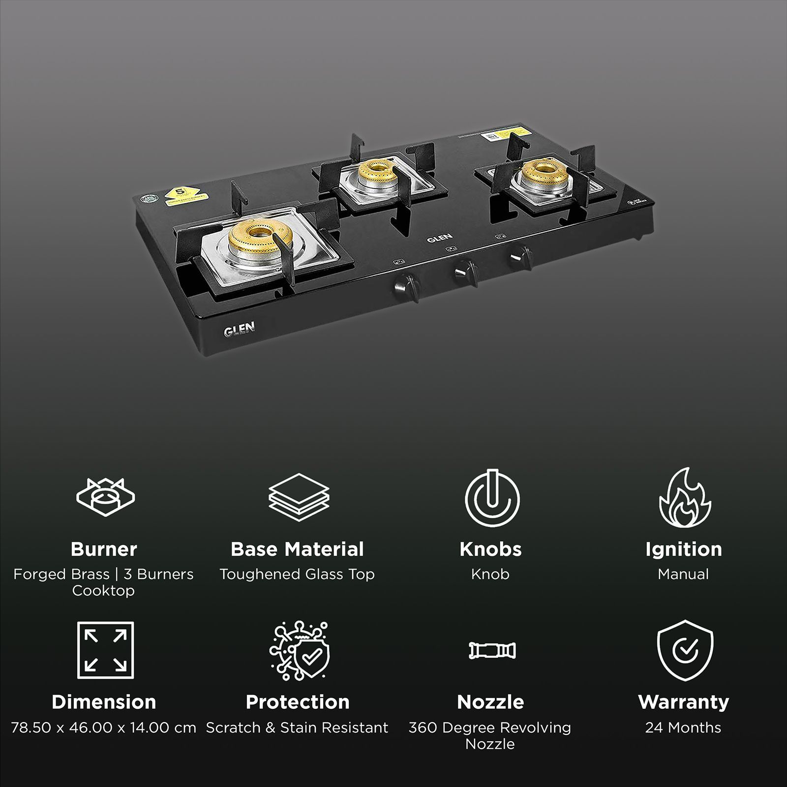 Glen 1038 SQ BL FB Toughened Glass Top 3 Burner Manual Gas Stove (Scratch & Stain Resistant, Black)_3