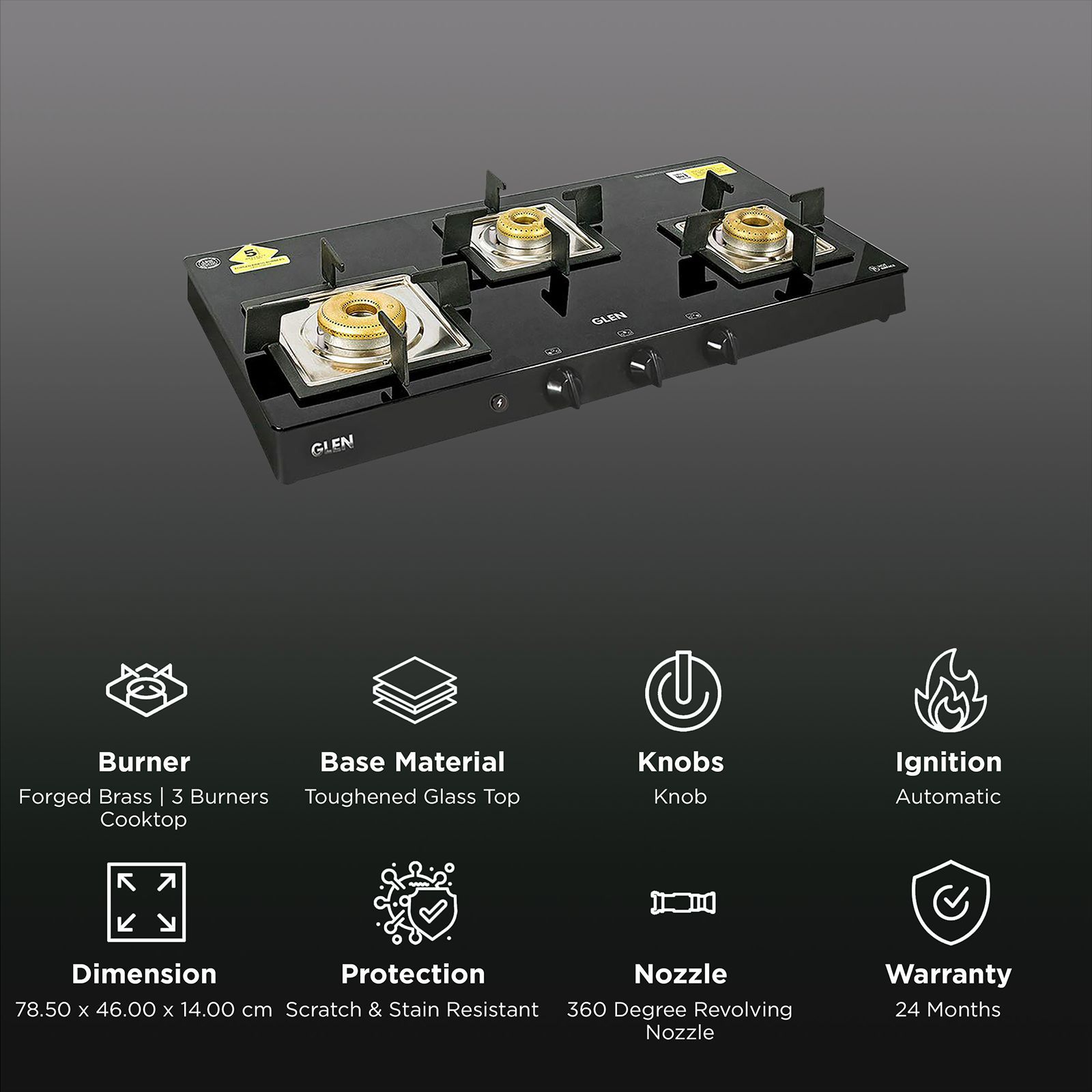Glen 1038 SQ BL FB AI Toughened Glass Top 3 Burner Automatic Gas Stove (Scratch & Stain Resistant, Black) Glen 1038 SQ BL FB AI Toughened Glass Top 3 Burner Automatic Gas Stove (Scratch & Stain Resistant, Black)_3