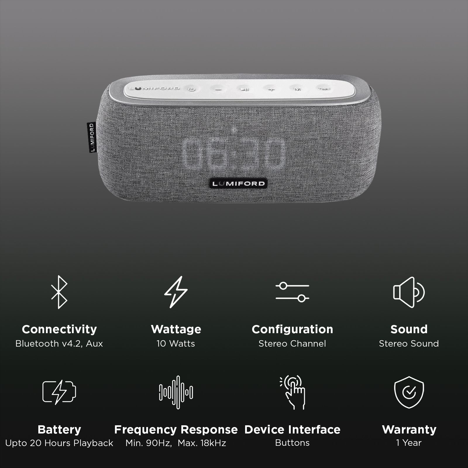 LUMIFORD Digi Clock 3-in-1 10W Portable Bluetooth Speaker (Stereo Sound, Dark Grey)_3