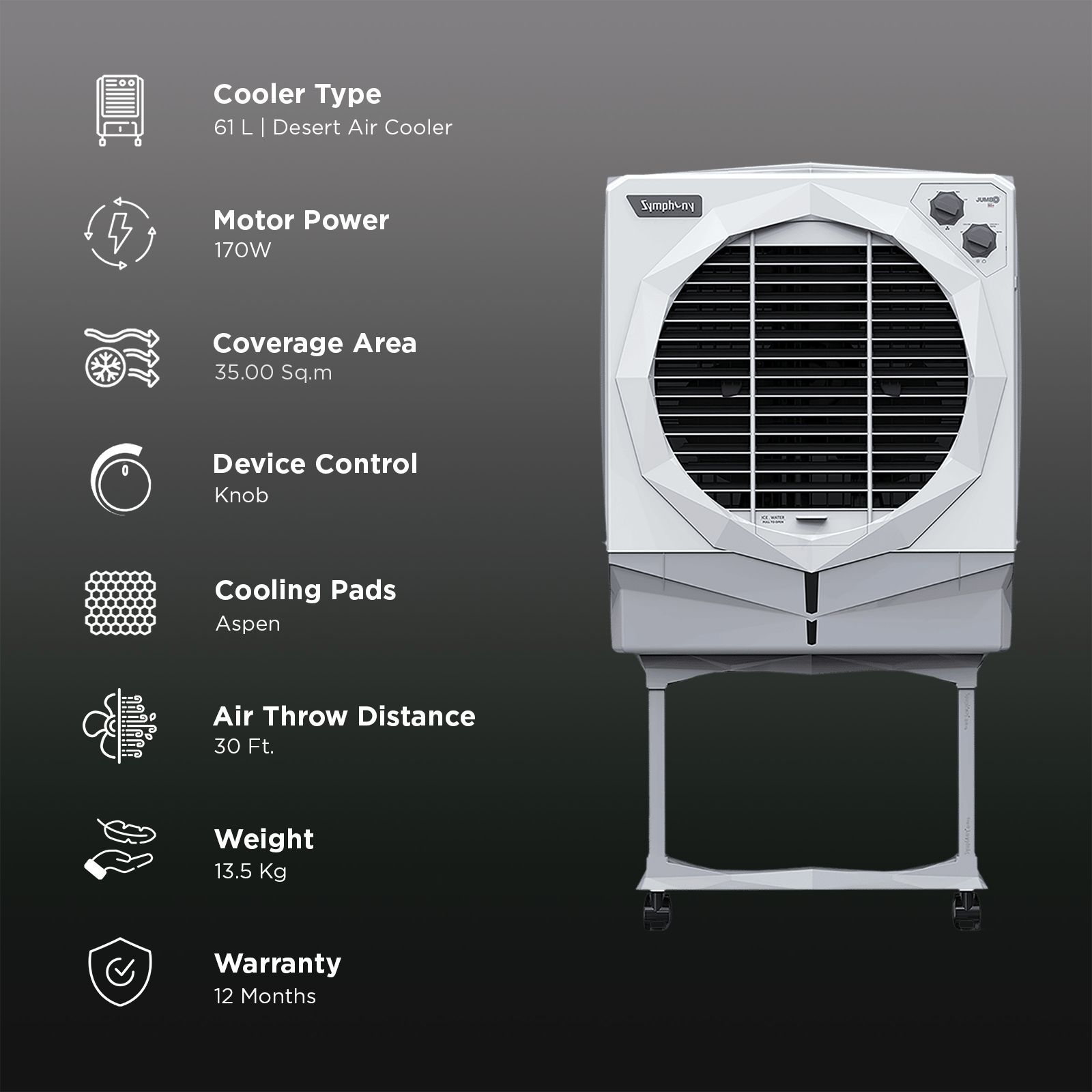 Symphony Jumbo 65 Plus 61 Litres Desert Air Cooler with Auto Louver Movement (Ice Chamber, White) Symphony Jumbo 65 Plus 61 Litres Desert Air Cooler with Auto Louver Movement (Ice Chamber, White)_3