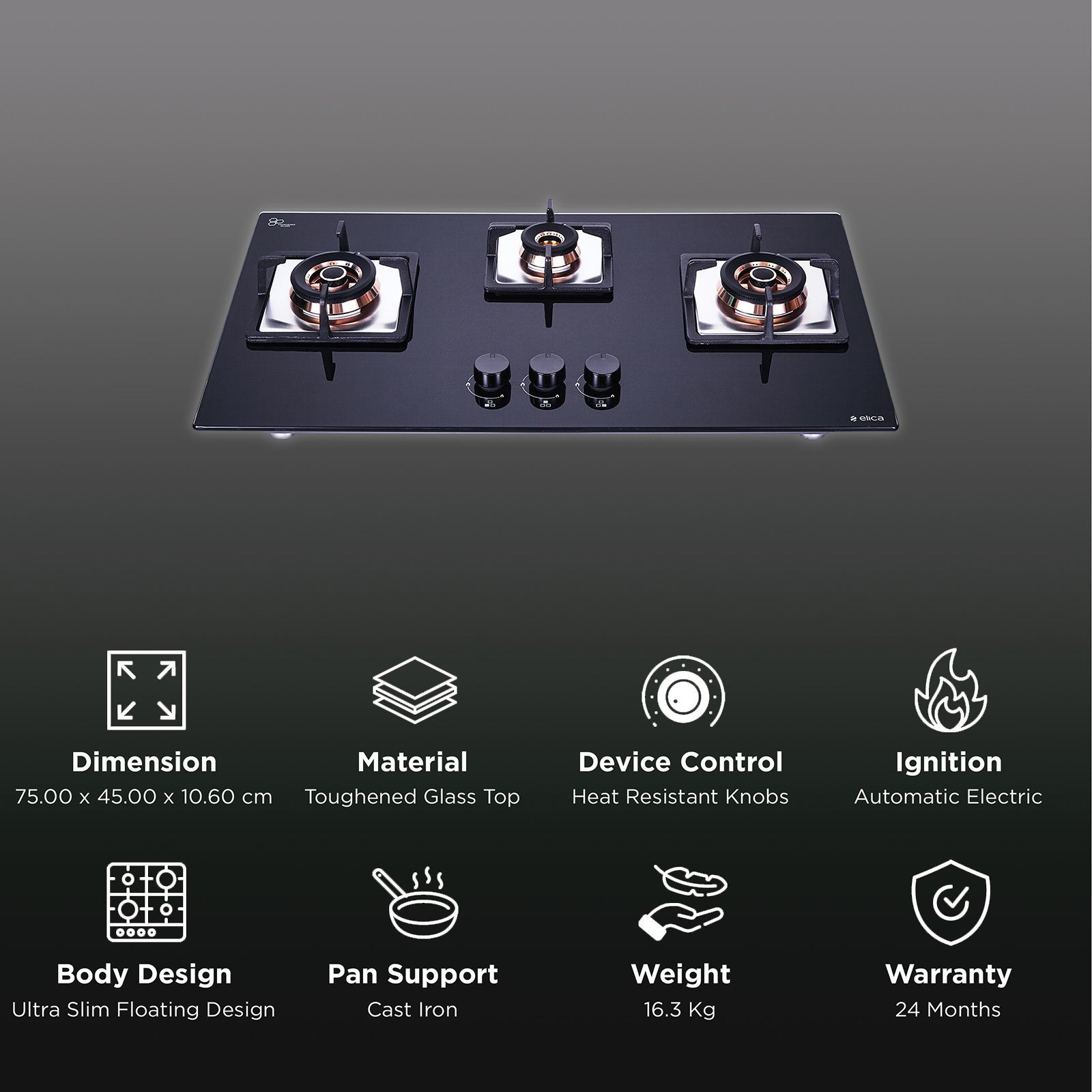 Elica FLEXI FB HCT 375 DX Toughened Glass Top 3 Burner Automatic Electric Hob (Cast Iron Grid, Black)_3