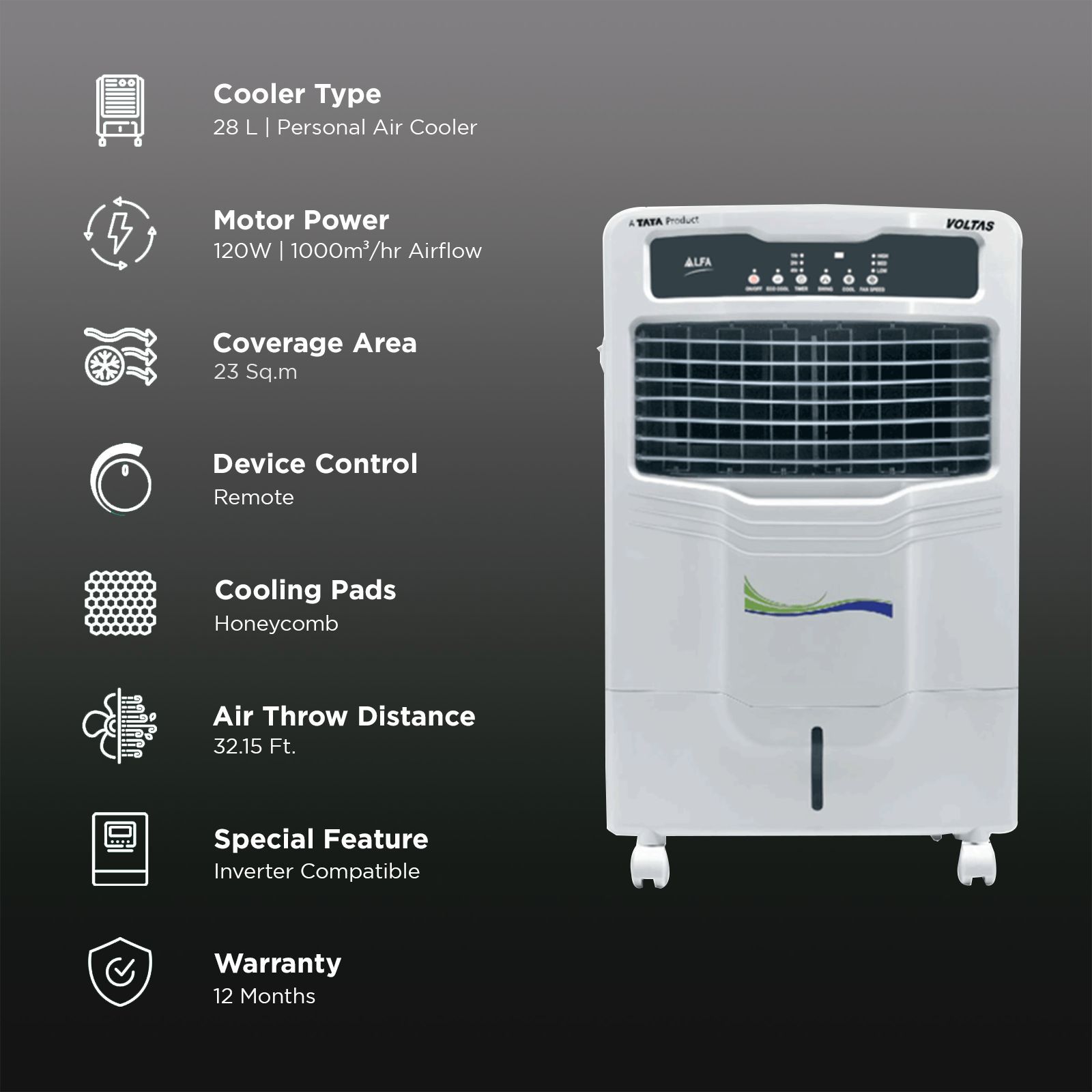 VOLTAS Alfa 28E 28 Litres Personal Air Cooler with Inverter Compatible (Thermal Overload Protection, White) VOLTAS Alfa 28E 28 Litres Personal Air Cooler with Inverter Compatible (Thermal Overload Protection, White)_3