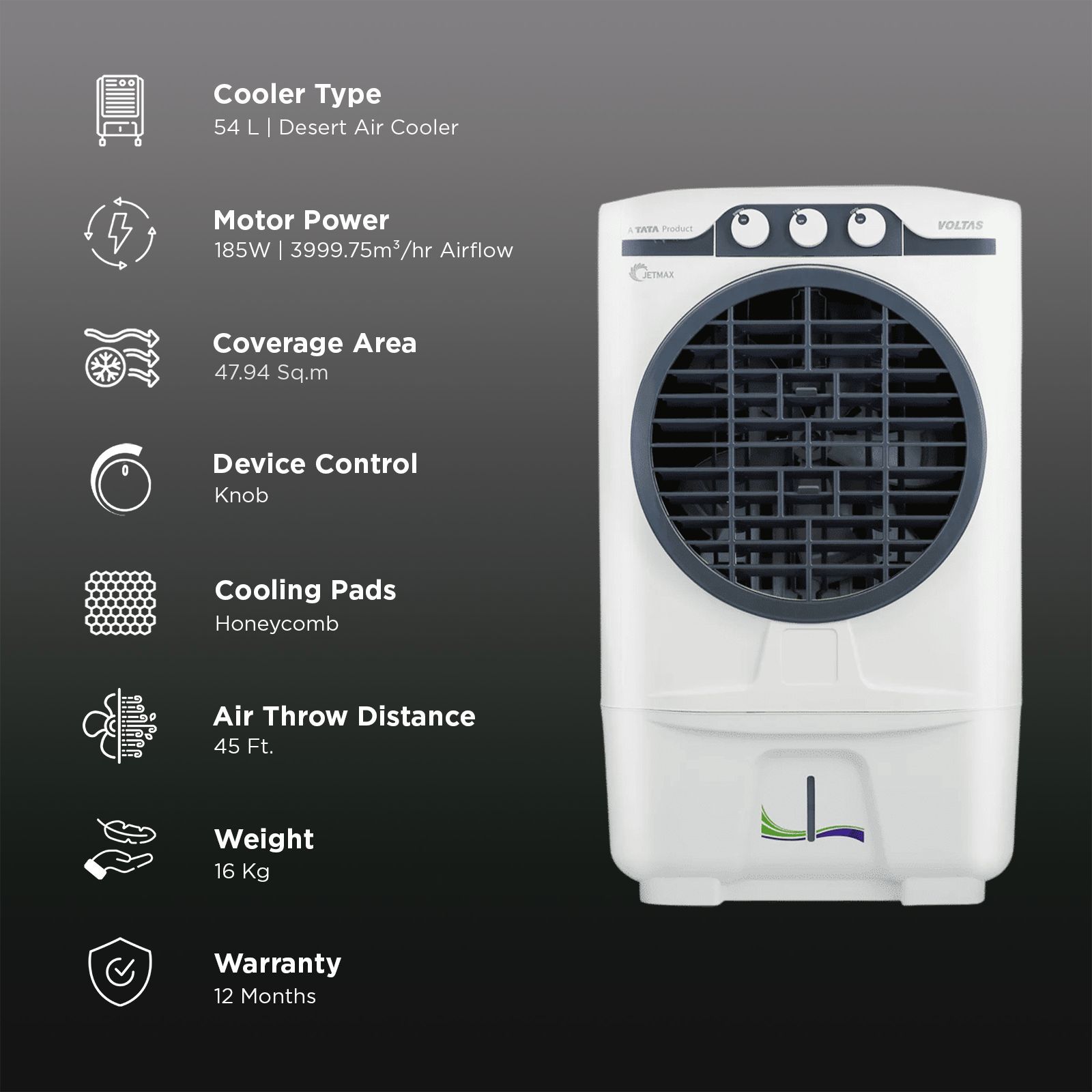 VOLTAS JetMax 54 Litres Desert Air Cooler with Honeycomb Pad (3 Speed Selection, White & Grey) VOLTAS JetMax 54 Litres Desert Air Cooler with Honeycomb Pad (3 Speed Selection, White & Grey)_3