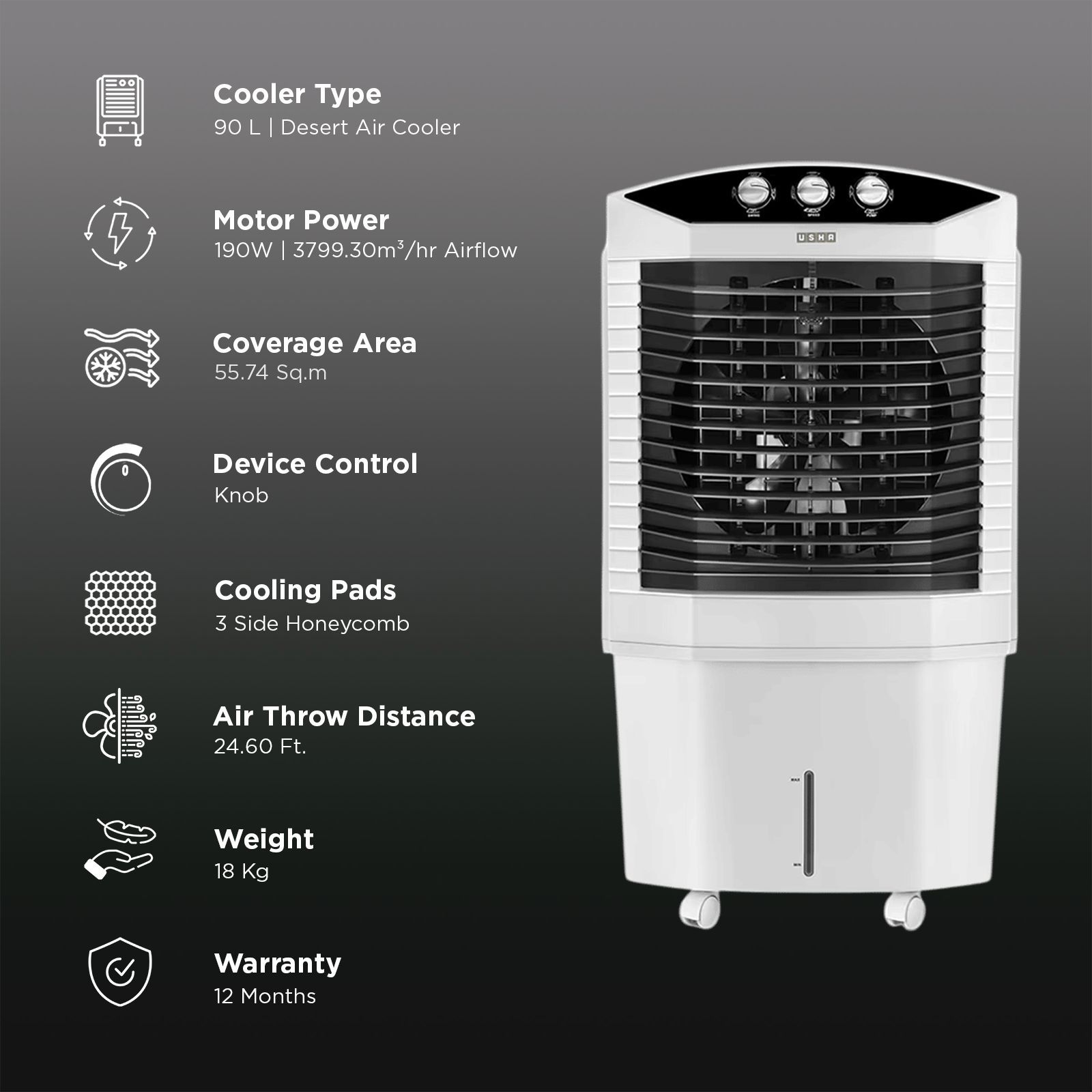 USHA Dynamo 90 Litres Desert Air Cooler with Low Power Consumption (Thermal Overload Protection, White)_3