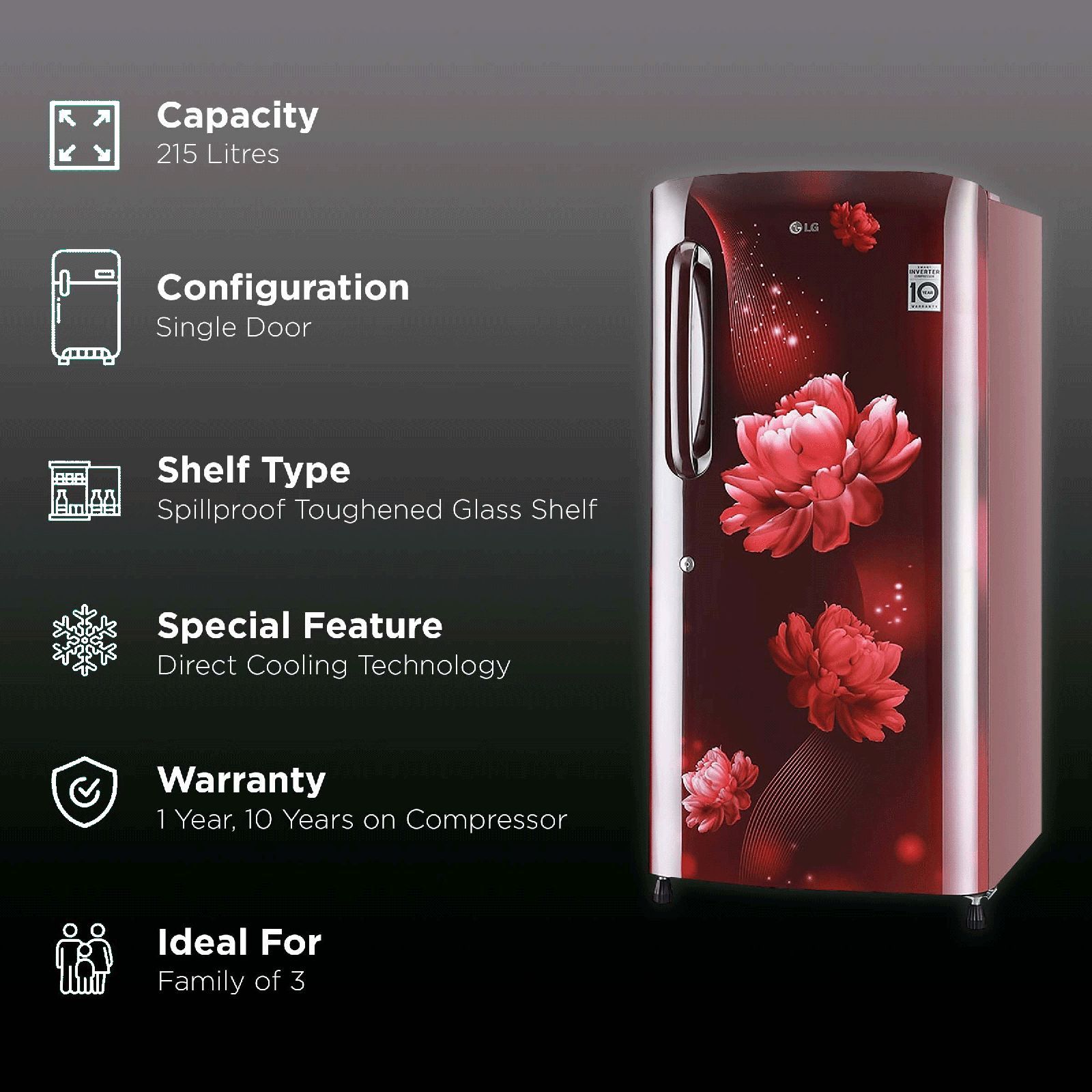 LG 205 Litres 4 Star Direct Cool Single Door Refrigerator with Stabilizer Free Operation (GL-B221ASCY.DSCZEB, Scarlet Charm) LG 205 Litres 4 Star Direct Cool Single Door Refrigerator with Stabilizer Free Operation (GL-B221ASCY.DSCZEB, Scarlet Charm)_2