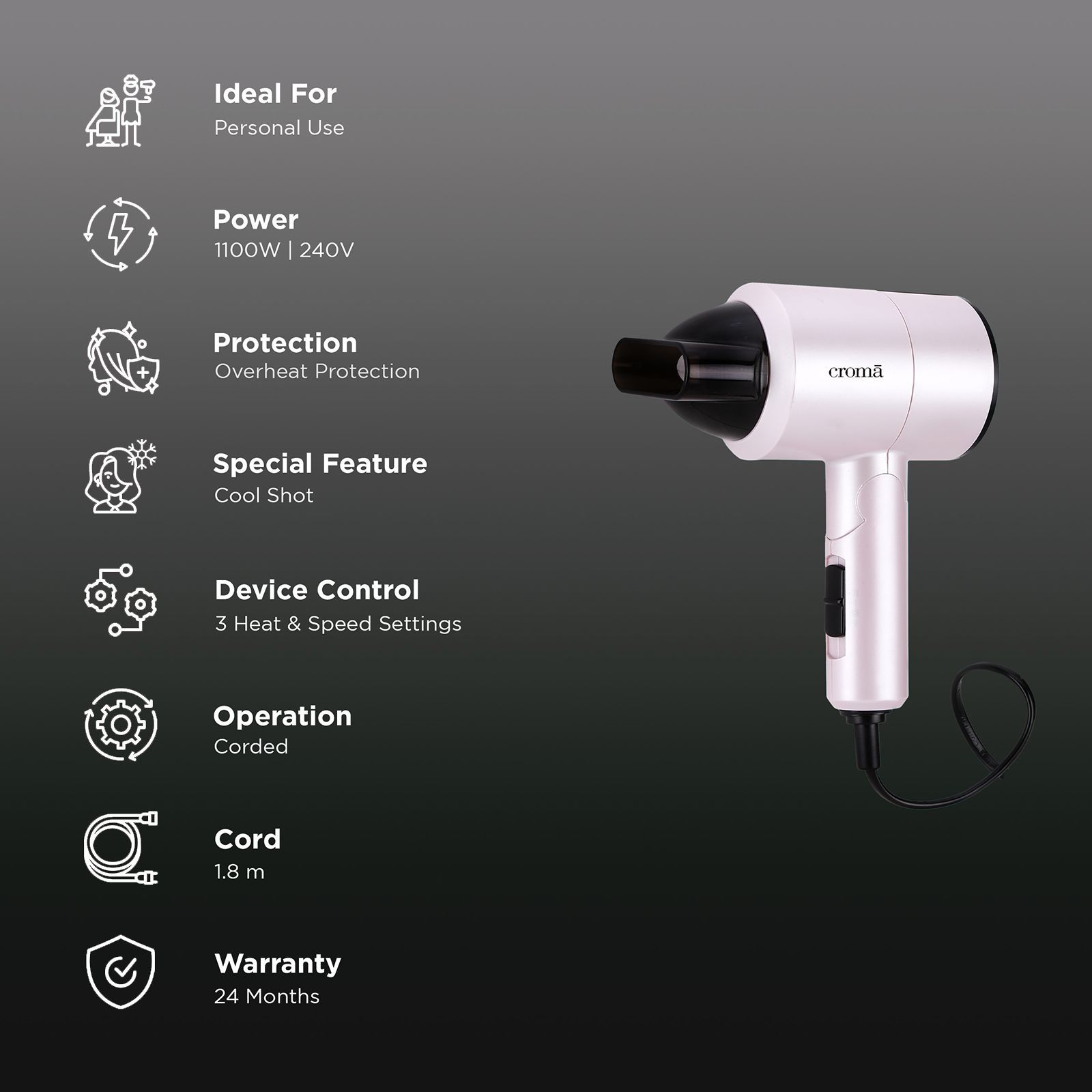 Croma Hair Dryer with 3 Heat Settings & Cool Shot (Overheat Protection, Pink)_2