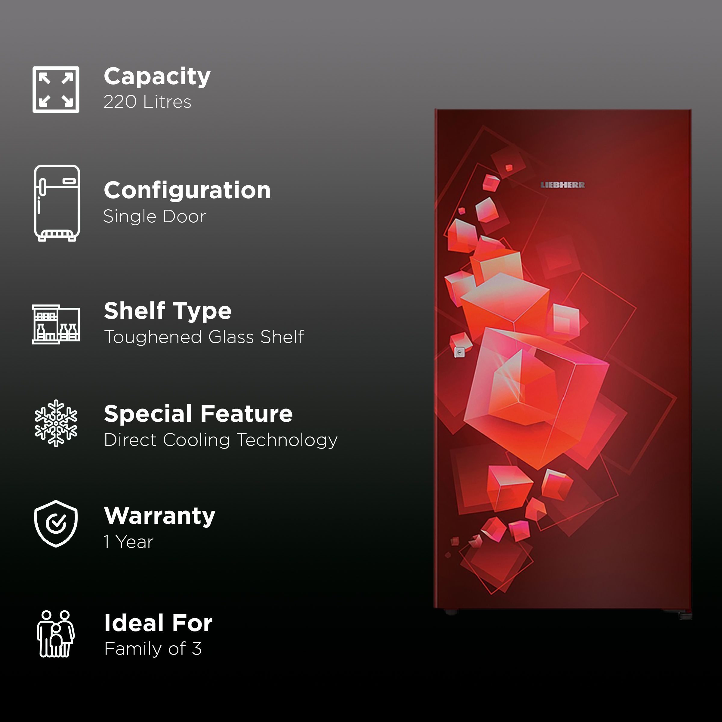 LIEBHERR 220 Litres 3 Star Direct Cool Single Door Refrigerator with Stabilizer Free Operation (DRC 2210 Comfort, Red Cubix)_2