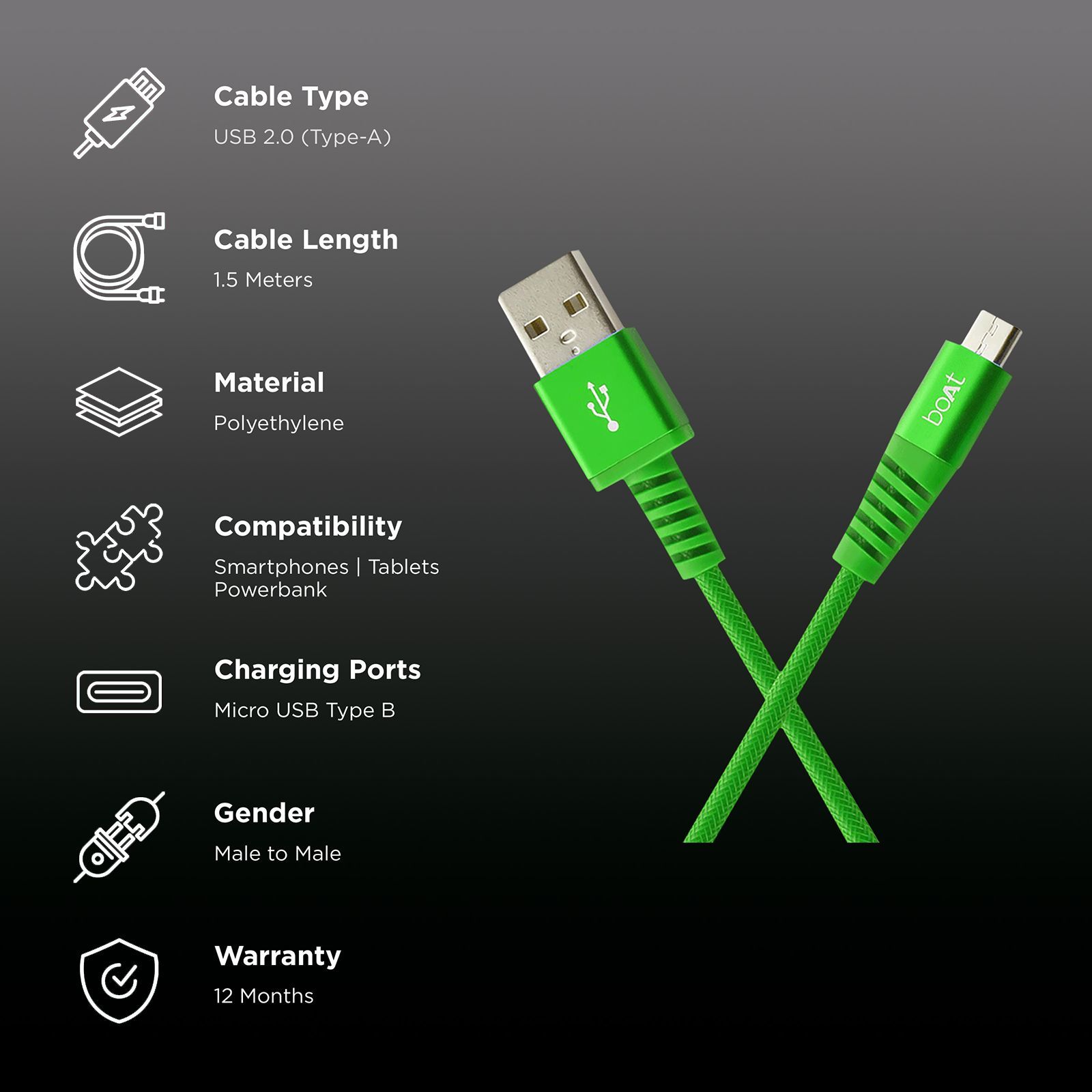 boAt Rugged 700 V3 Type A to Micro USB 4.9 Feet (1.5M) Cable (Tangle-free Design, Green)_2