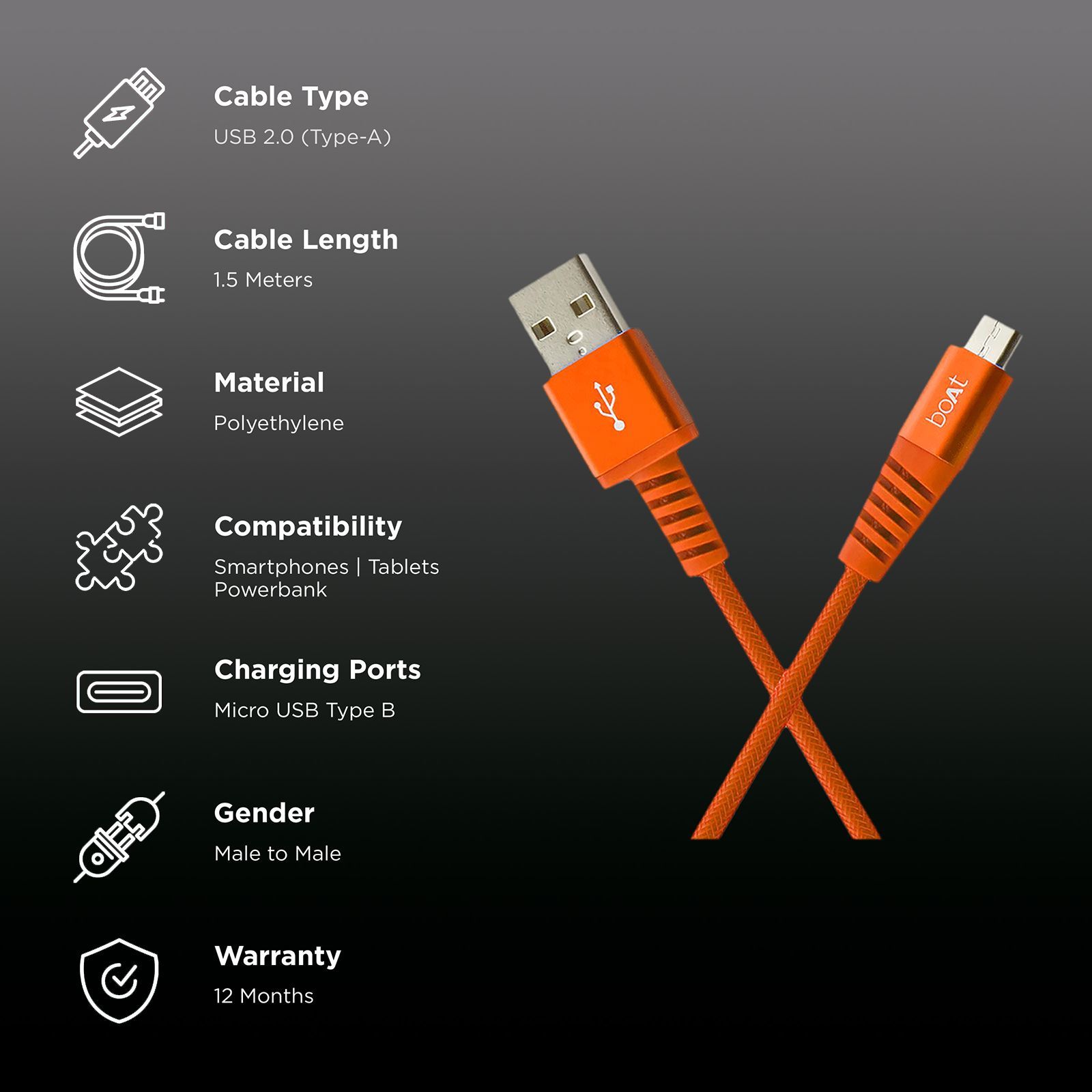 boAt Rugged 700 V3 Type A to Micro USB 4.9 Feet (1.5M) Cable (Tangle-free Design, Orange)_2
